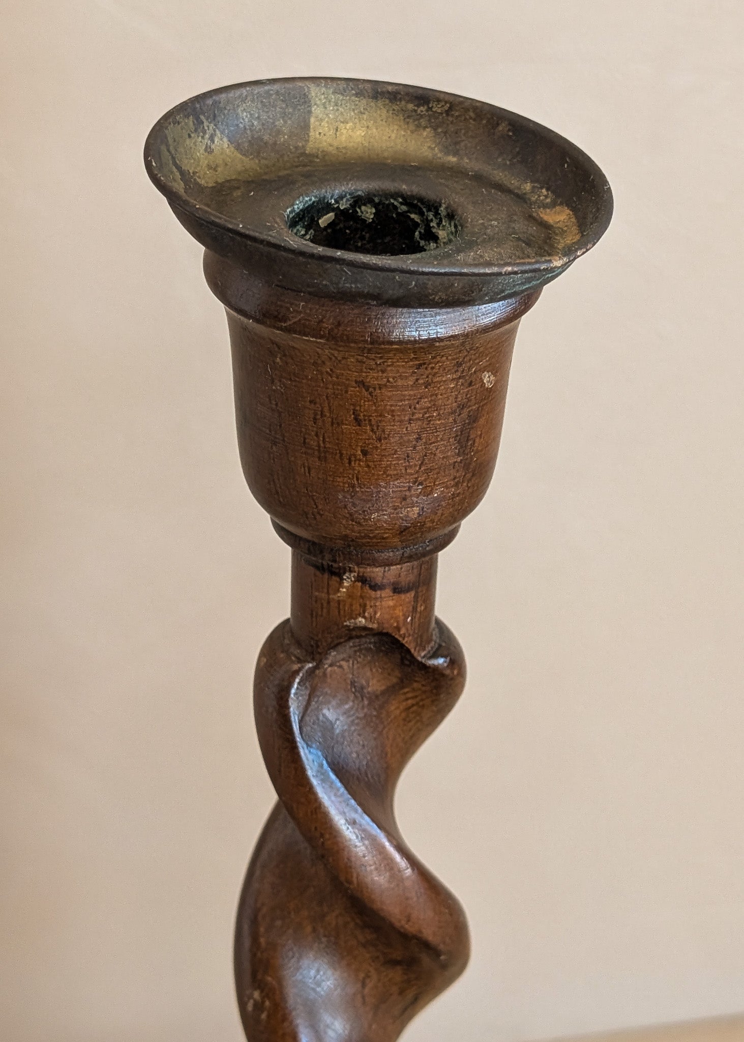 Pair of Antique English Oak and Brass Barley Twist Wooden Candlesticks