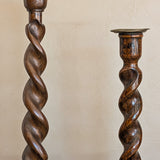 Pair of Antique English Oak and Brass Barley Twist Wooden Candlesticks