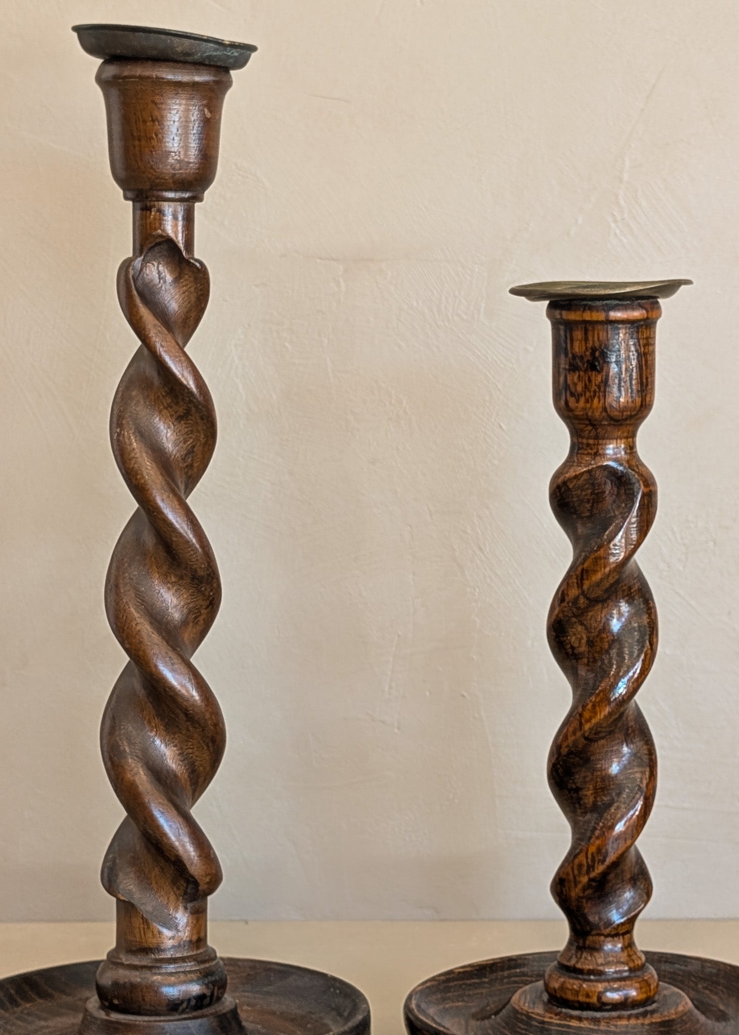Pair of Antique English Oak and Brass Barley Twist Wooden Candlesticks