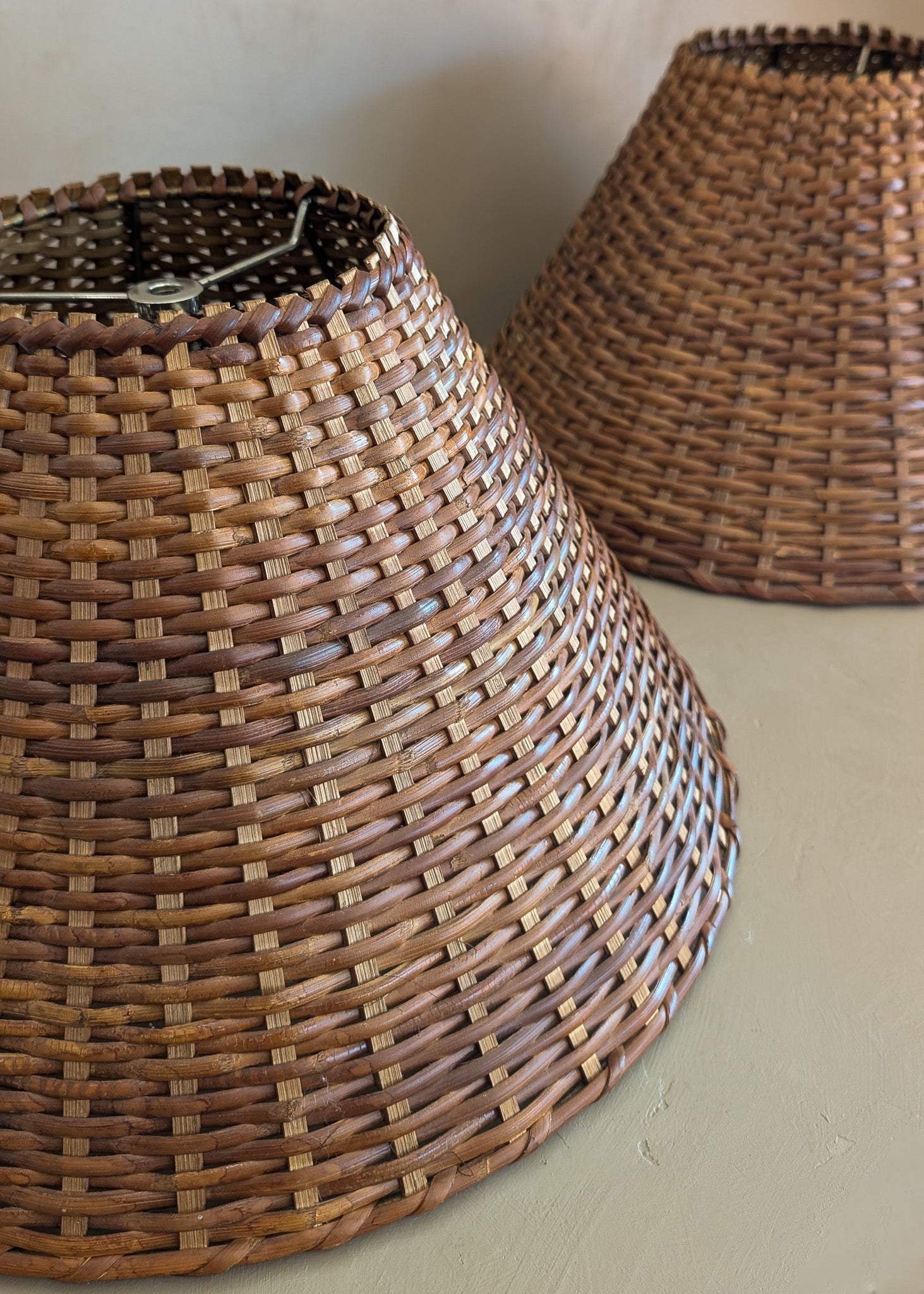 Pair of Vintage Wicker and Bamboo Empire Lampshades