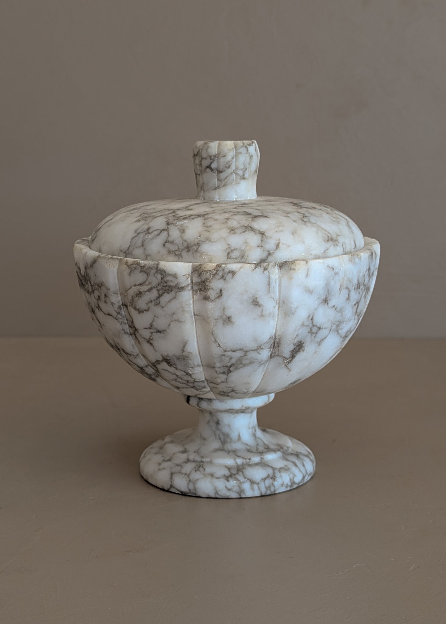 Heavily Veined Vintage Italian Alabaster Lidded Dish with Hand-Carved Detailing
