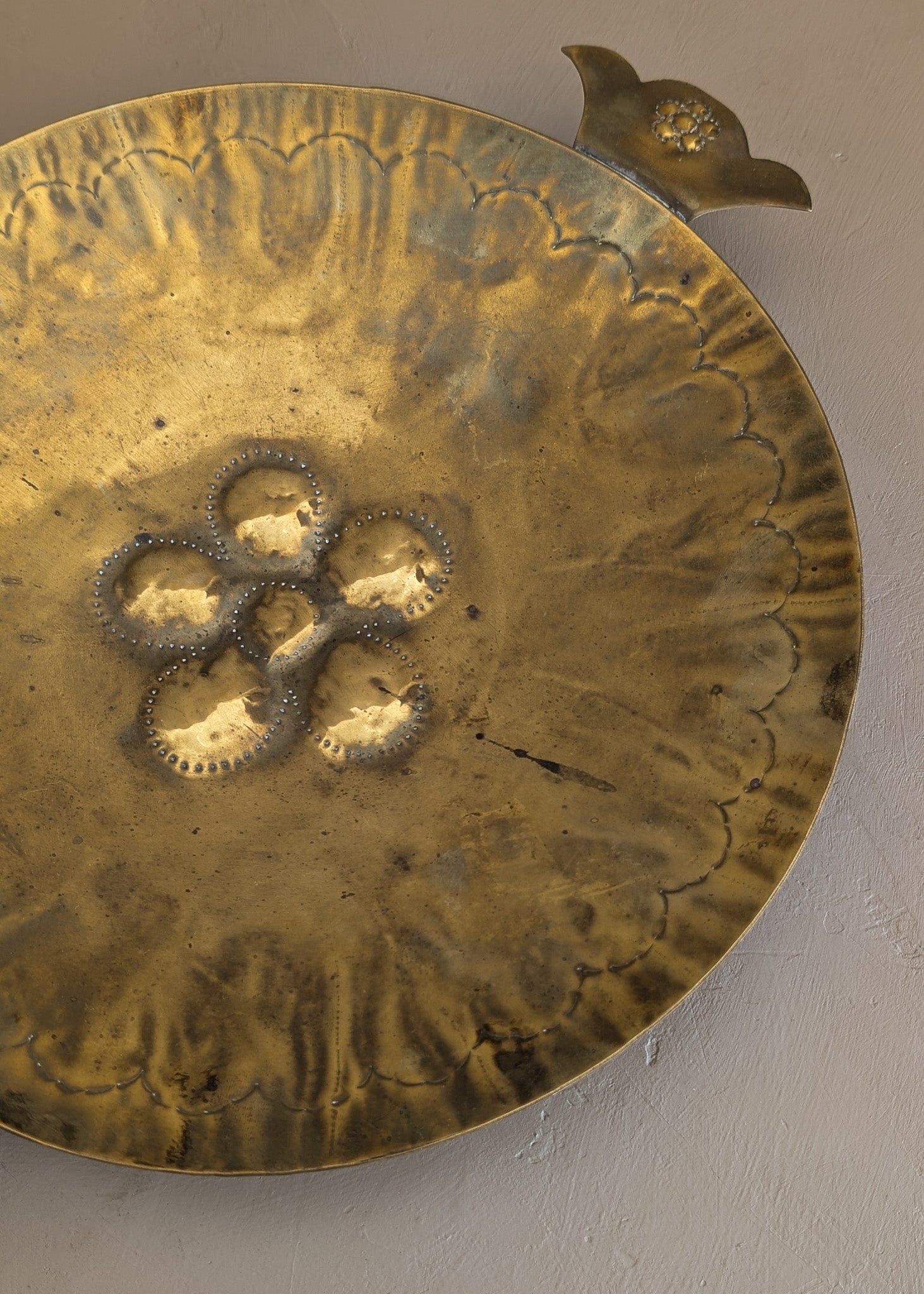 Vintage Swedish Brass Tray with Scalloped Handles and Repoussé Floral Detailing