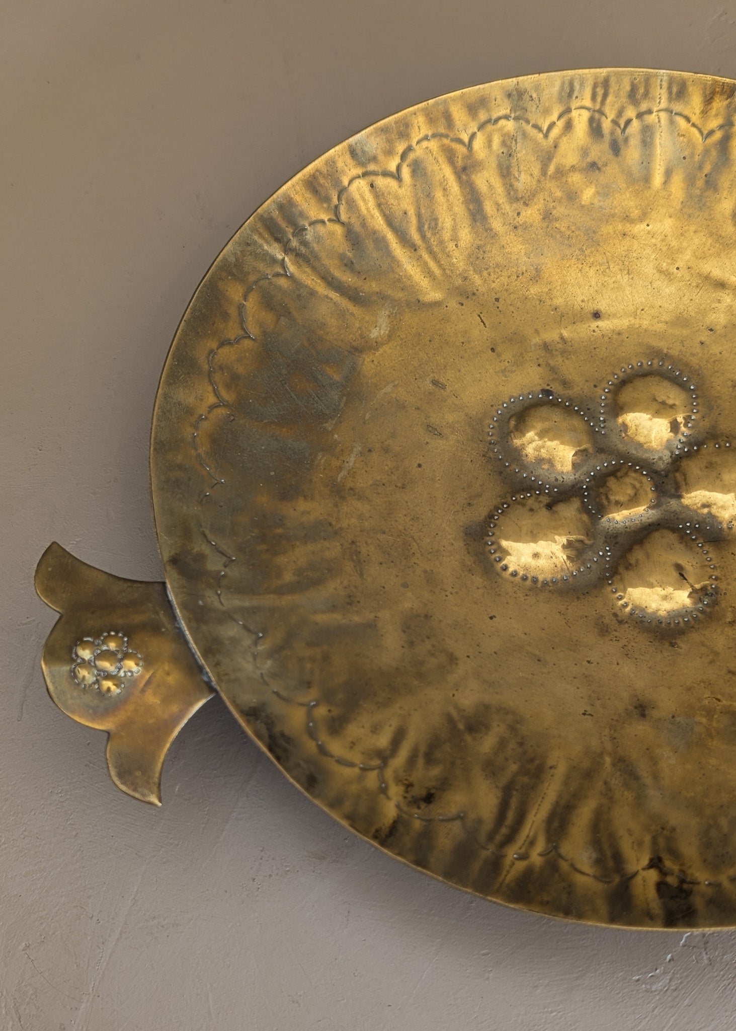 Vintage Swedish Brass Tray with Scalloped Handles and Repoussé Floral Detailing