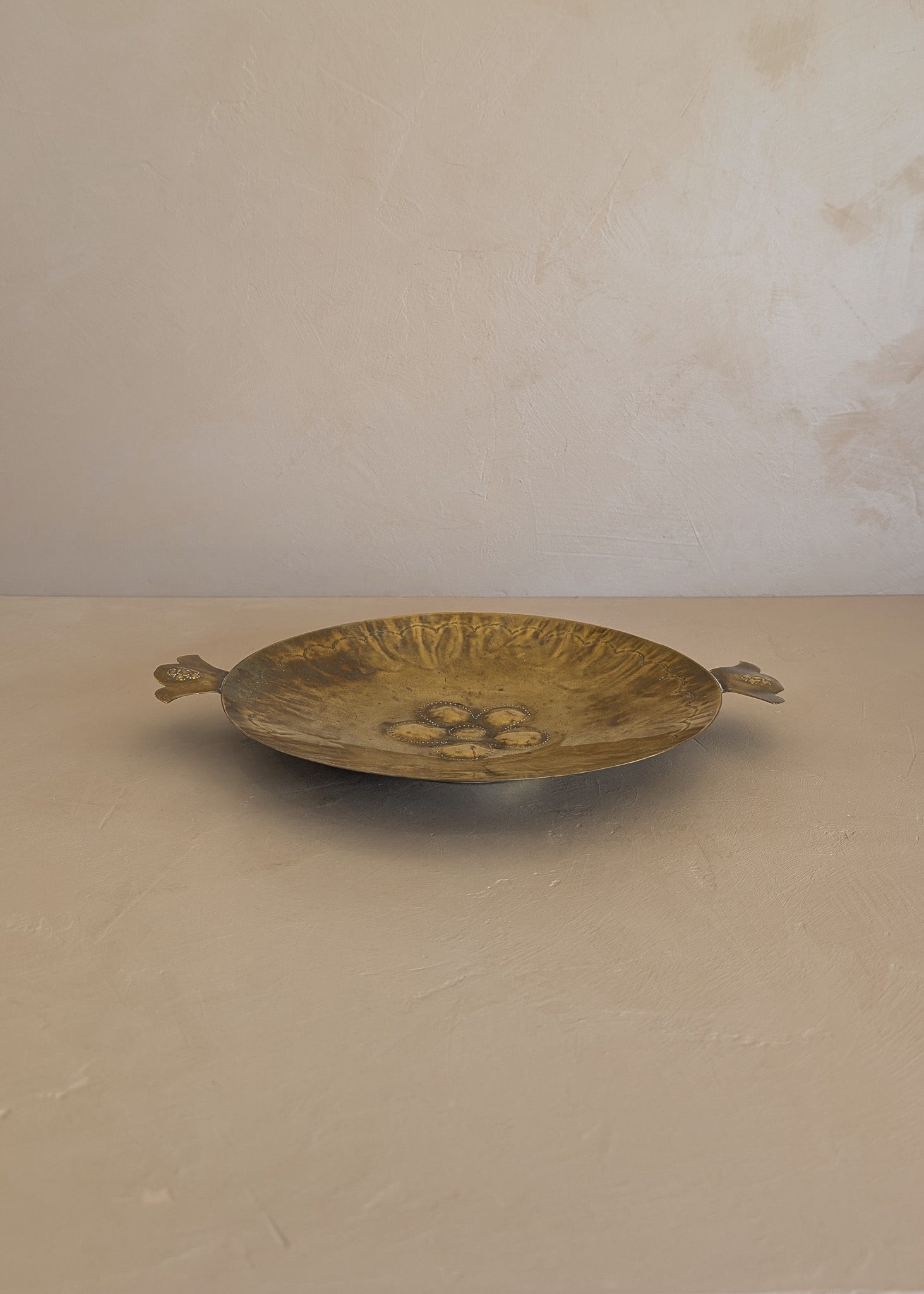 Vintage Swedish Brass Tray with Scalloped Handles and Repoussé Floral Detailing