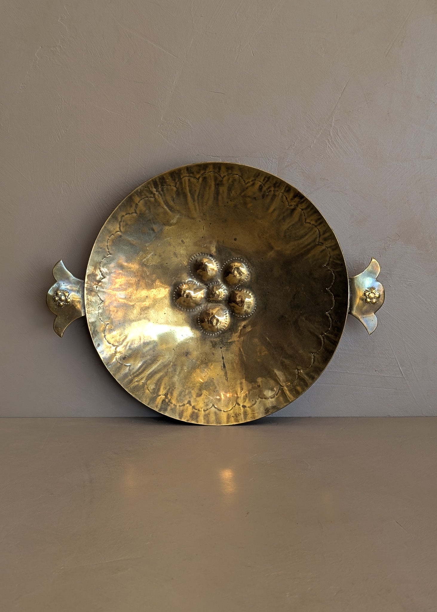 Vintage Swedish Brass Tray with Scalloped Handles and Repoussé Floral Detailing