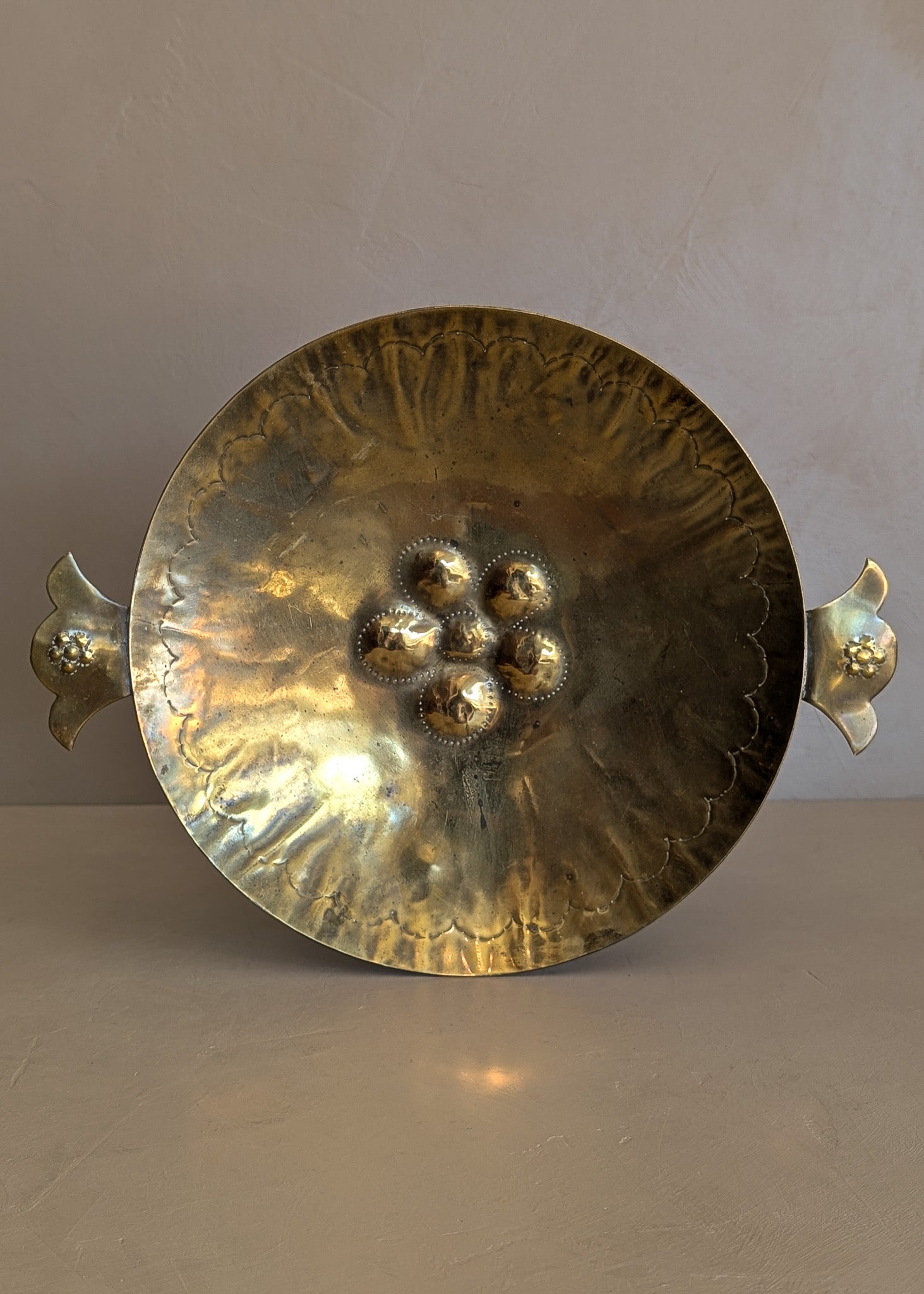 Vintage Swedish Brass Tray with Scalloped Handles and Repoussé Floral Detailing