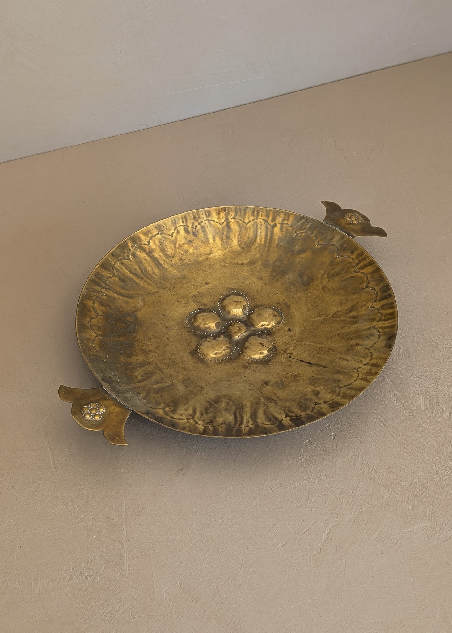 Vintage Swedish Brass Tray with Scalloped Handles and Repoussé Floral Detailing