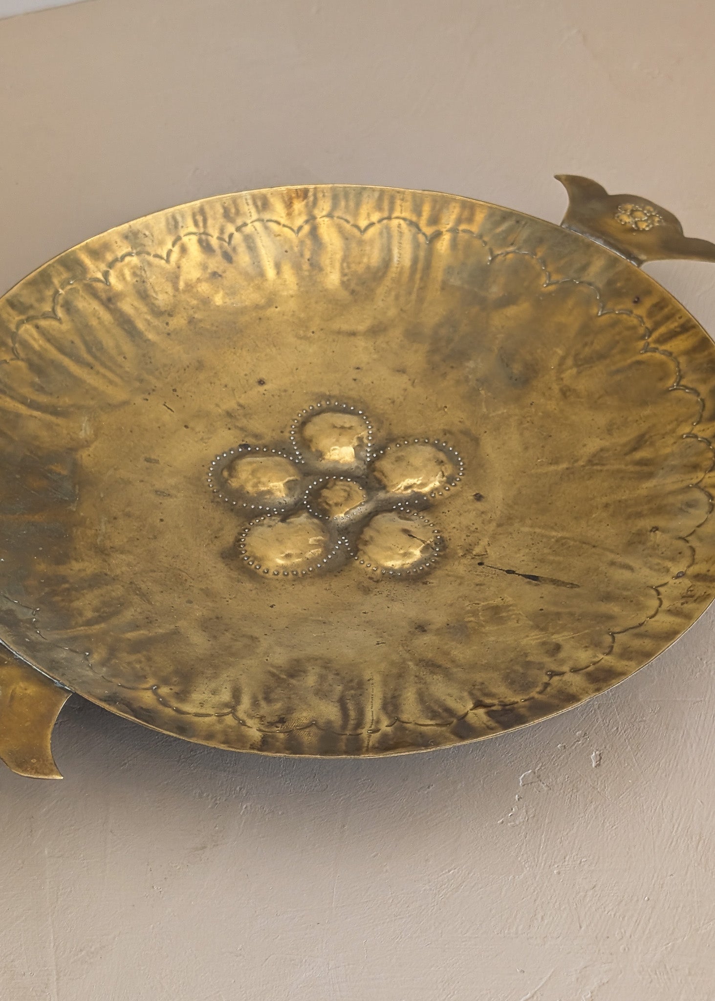 Vintage Swedish Brass Tray with Scalloped Handles and Repoussé Floral Detailing