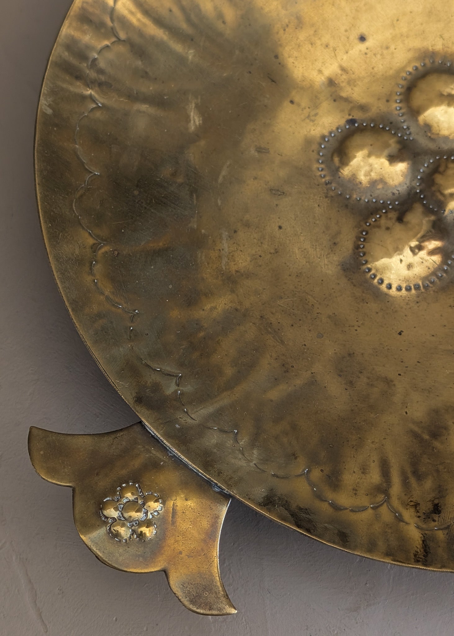 Vintage Swedish Brass Tray with Scalloped Handles and Repoussé Floral Detailing