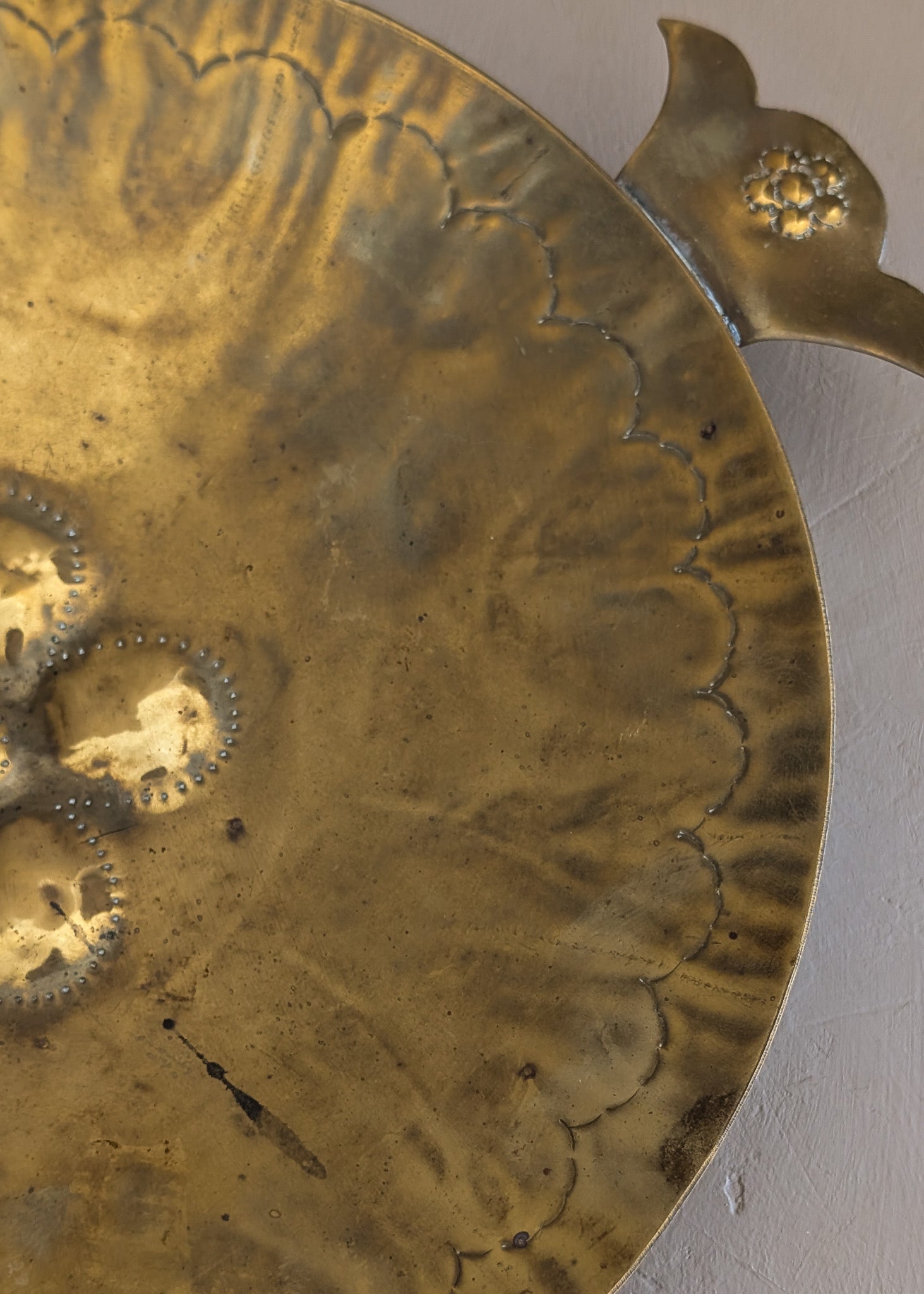 Vintage Swedish Brass Tray with Scalloped Handles and Repoussé Floral Detailing
