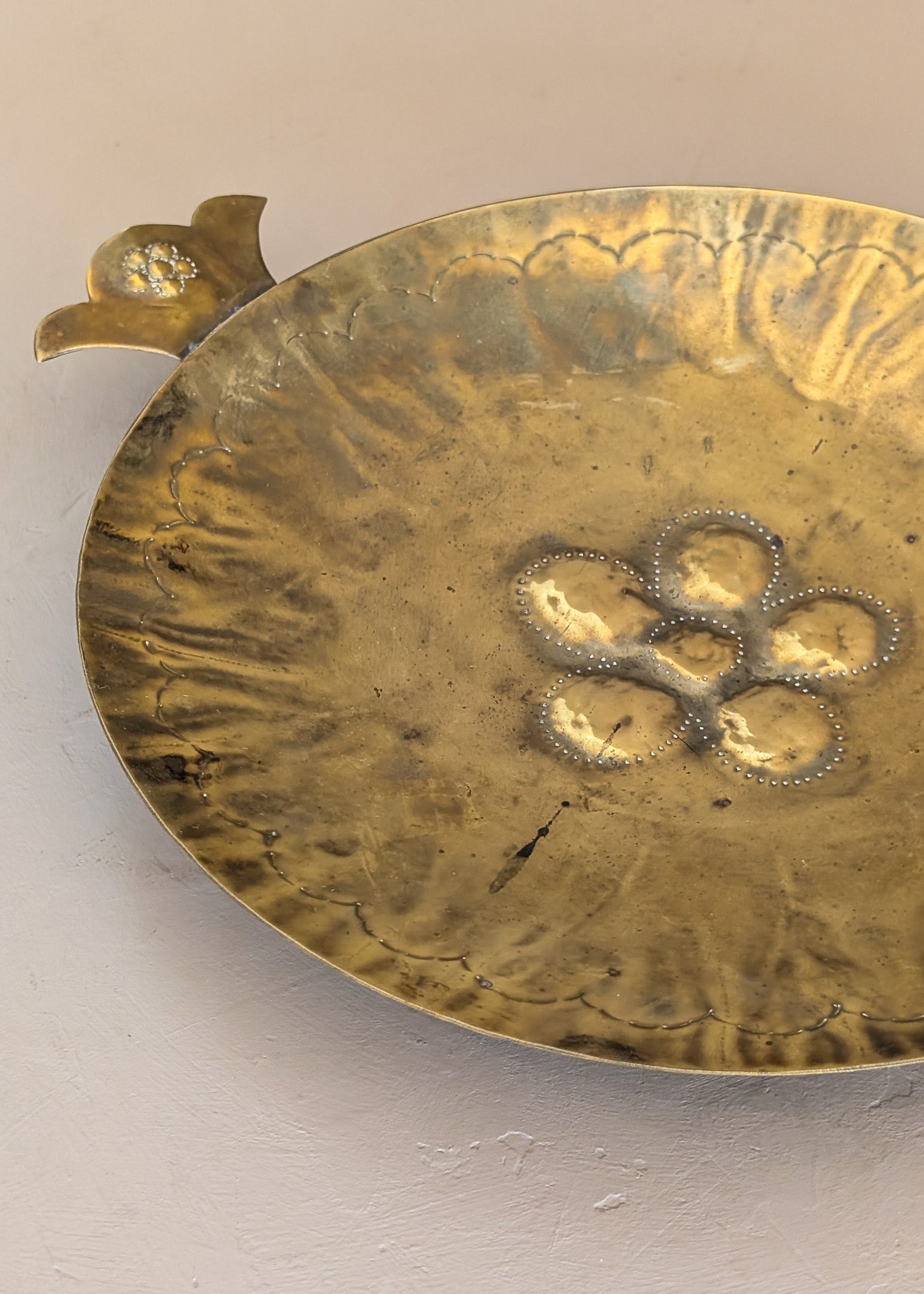 Vintage Swedish Brass Tray with Scalloped Handles and Repoussé Floral Detailing