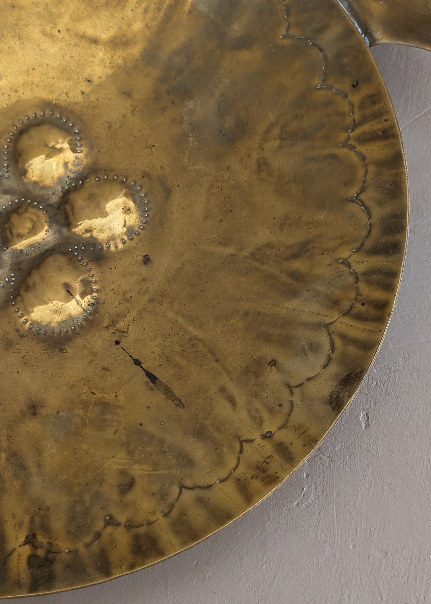 Vintage Swedish Brass Tray with Scalloped Handles and Repoussé Floral Detailing