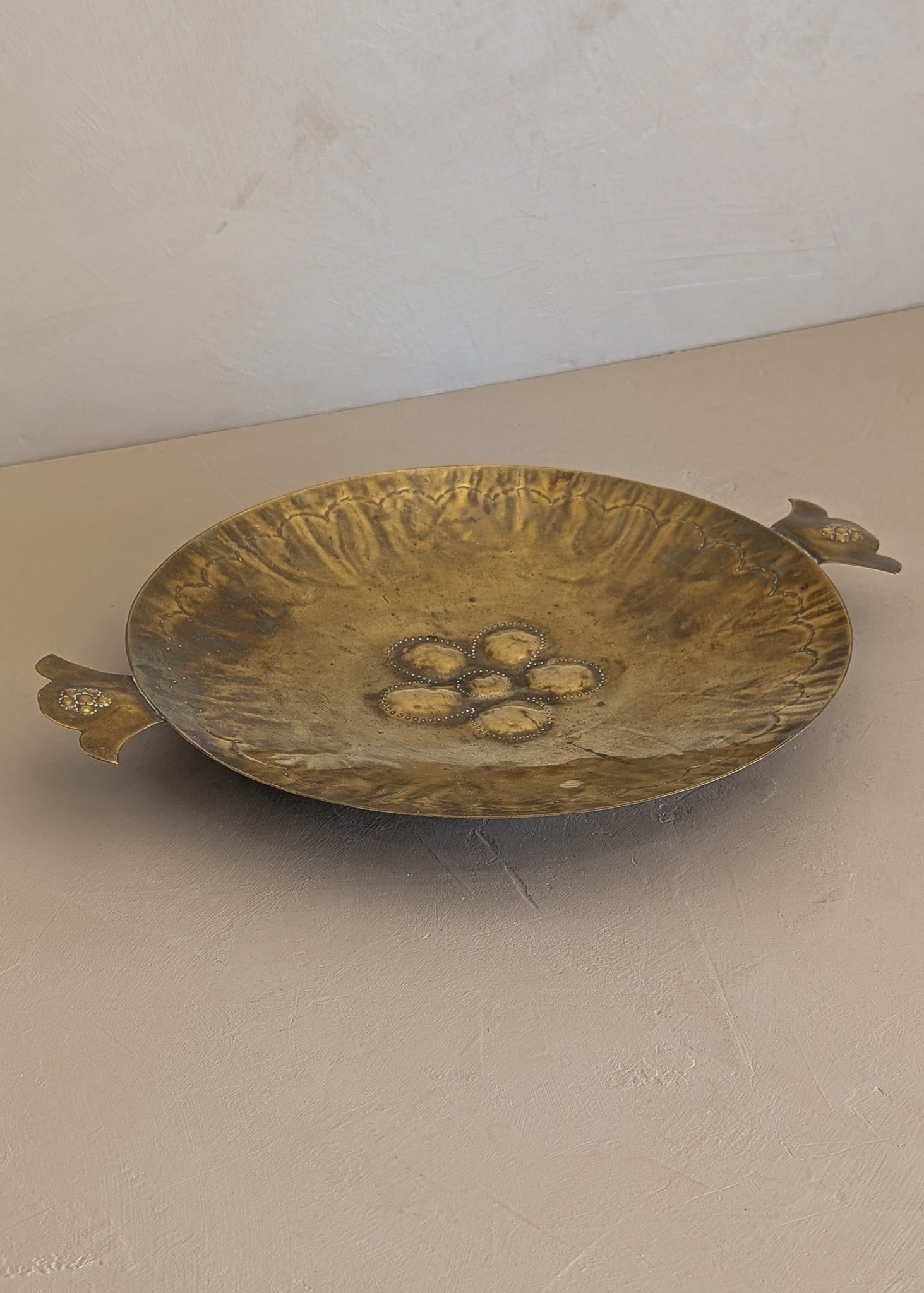 Vintage Swedish Brass Tray with Scalloped Handles and Repoussé Floral Detailing