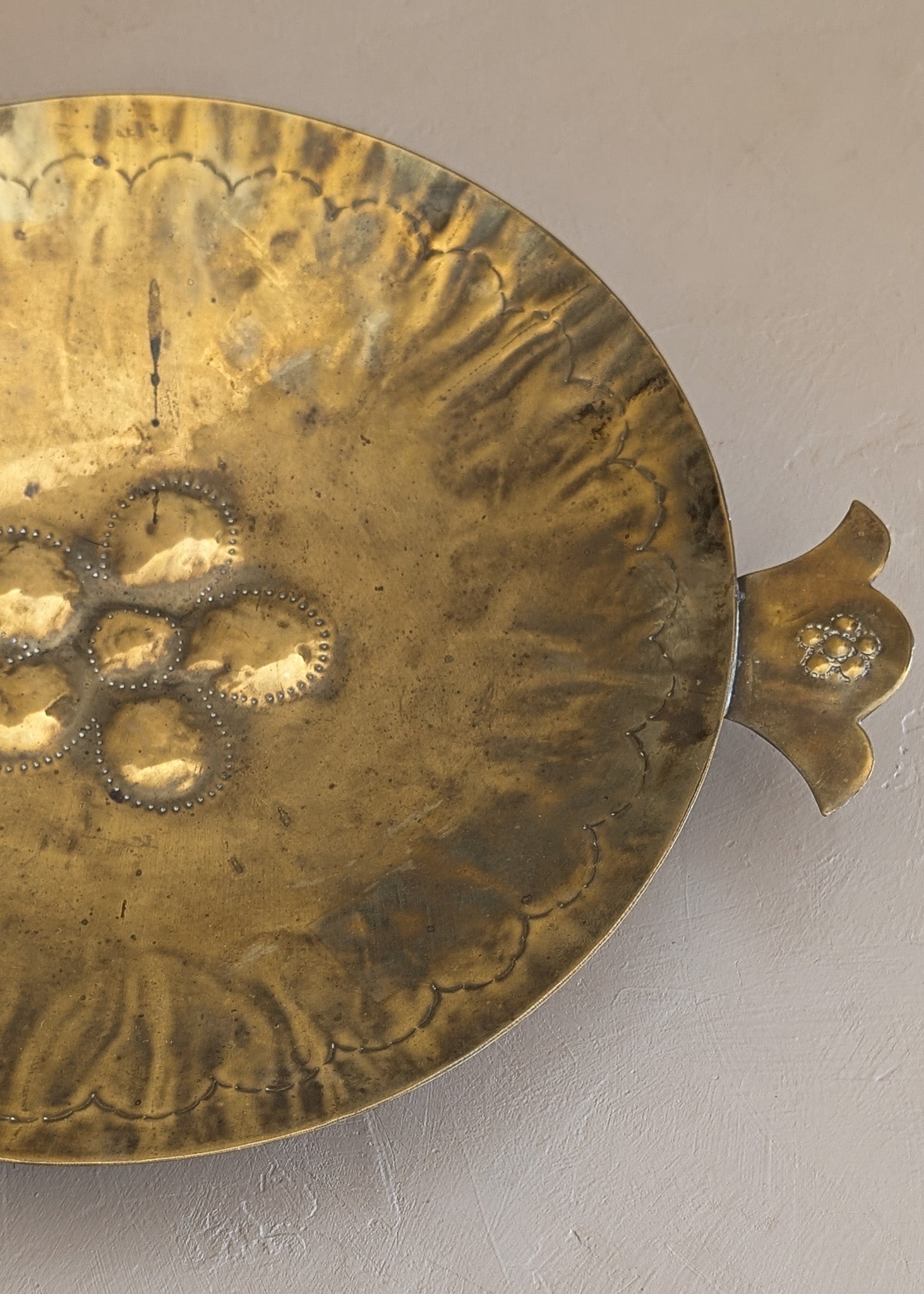 Vintage Swedish Brass Tray with Scalloped Handles and Repoussé Floral Detailing