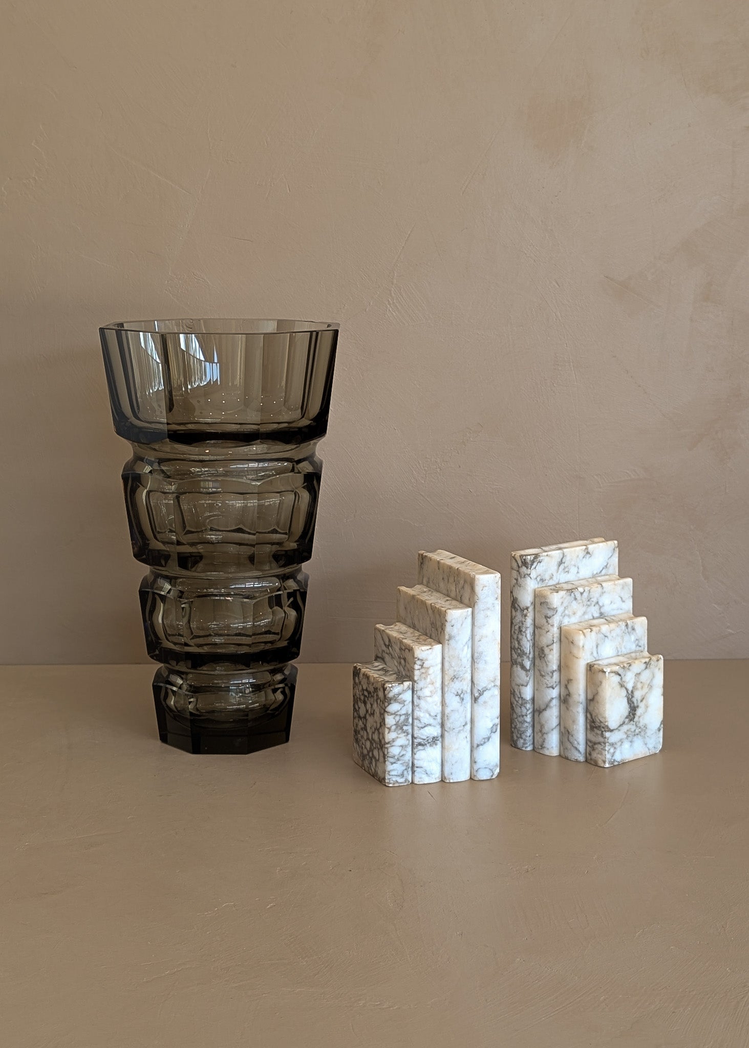 Large Vintage 1930s Art Deco Josef Hoffman for Moser Smoked Glass Geometric Faceted Vase - 10" Tall