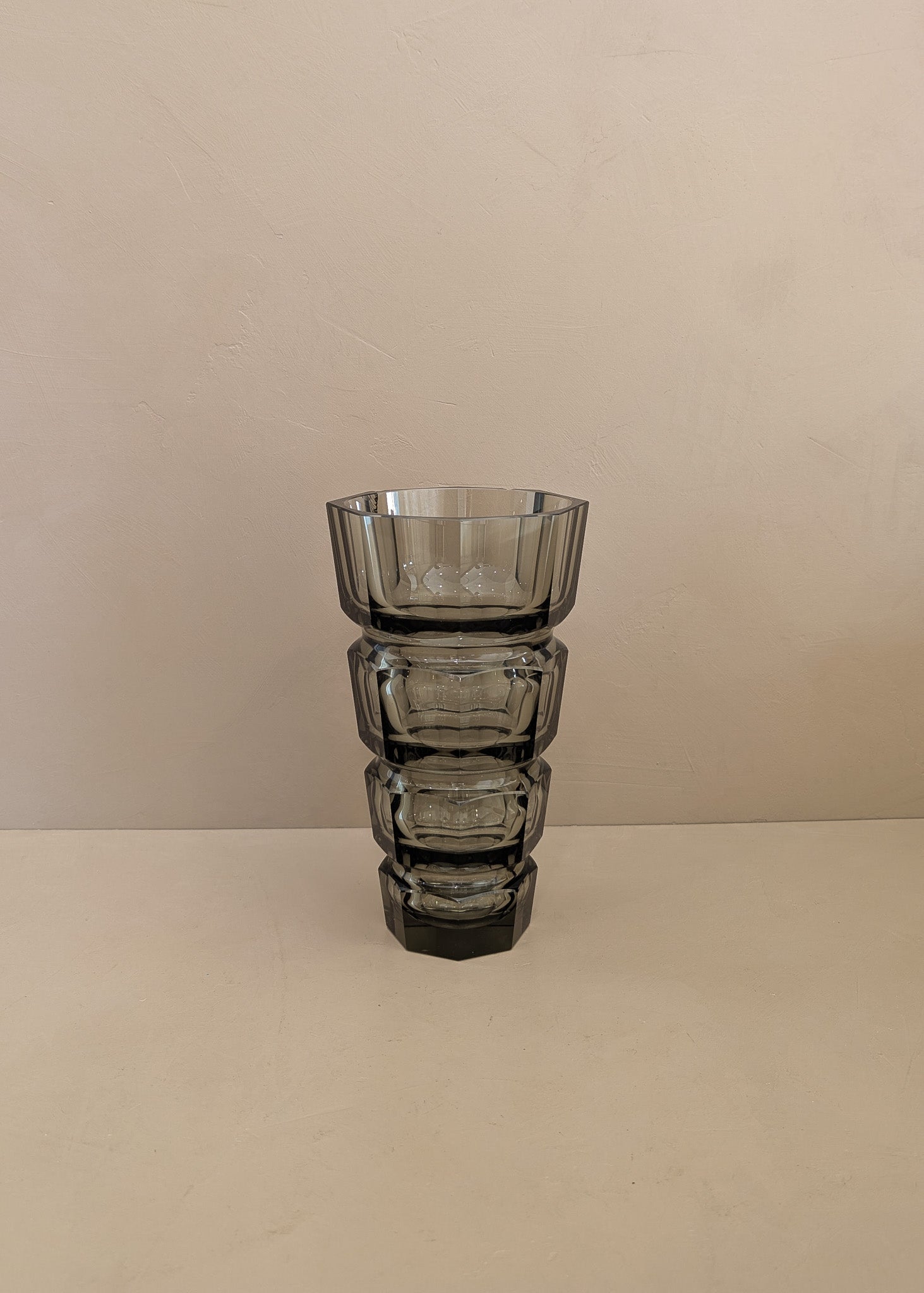 Large Vintage 1930s Art Deco Josef Hoffman for Moser Smoked Glass Geometric Faceted Vase - 10" Tall
