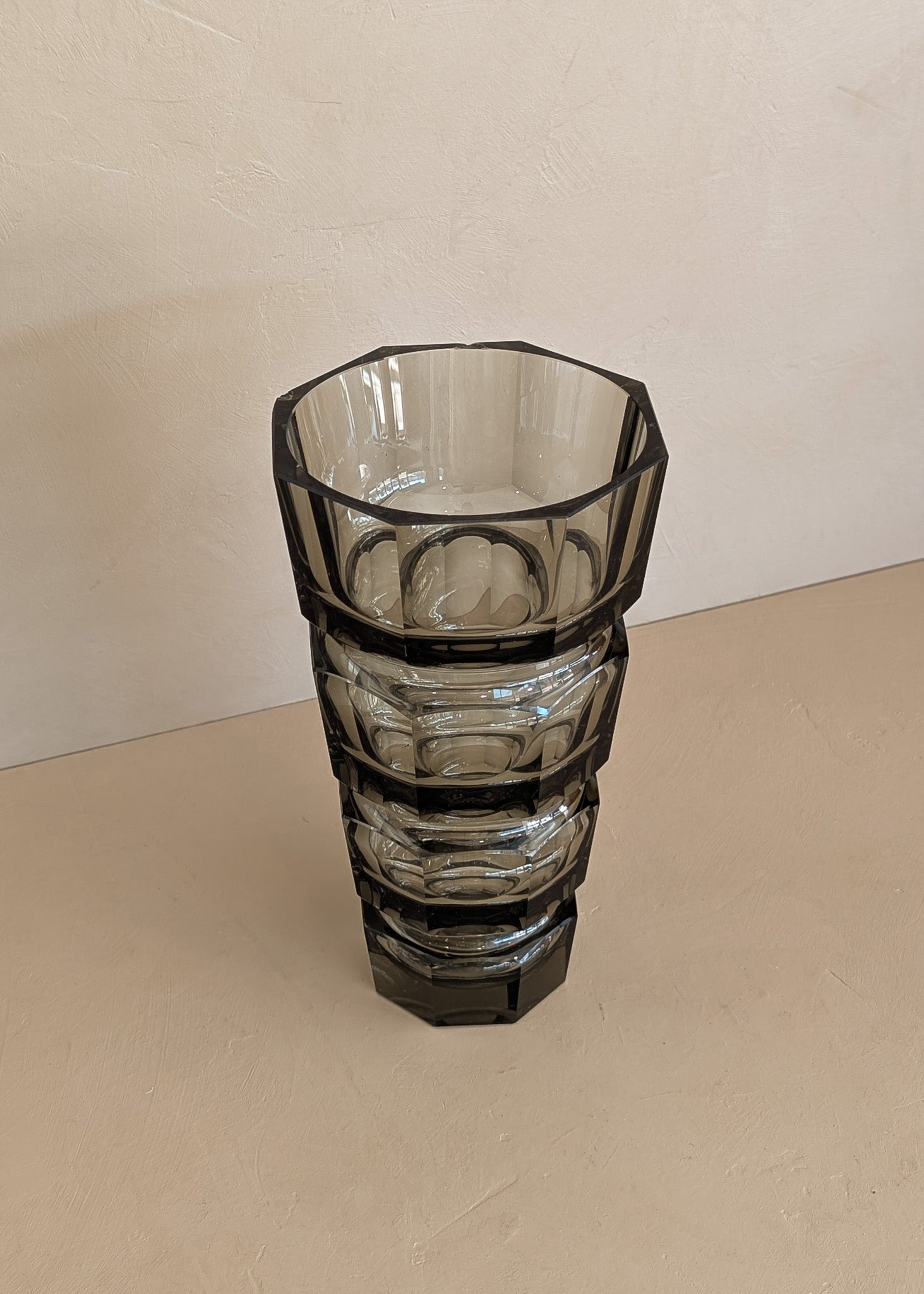 Large Vintage 1930s Art Deco Josef Hoffman for Moser Smoked Glass Geometric Faceted Vase - 10" Tall