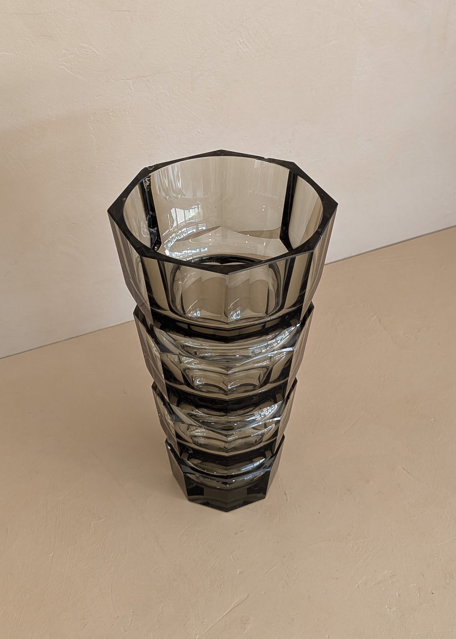 Large Vintage 1930s Art Deco Josef Hoffman for Moser Smoked Glass Geometric Faceted Vase - 10" Tall