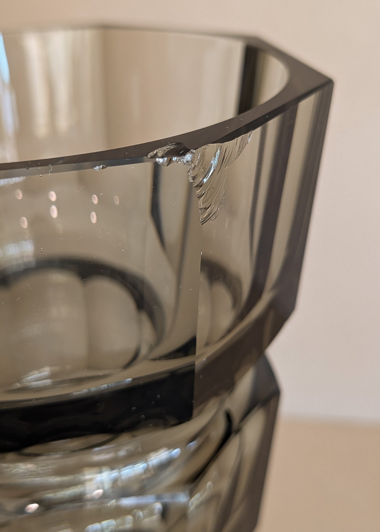 Large Vintage 1930s Art Deco Josef Hoffman for Moser Smoked Glass Geometric Faceted Vase - 10" Tall