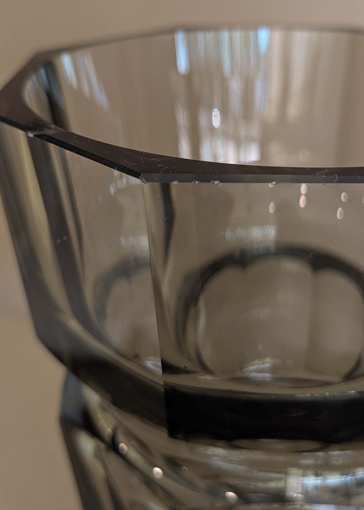 Large Vintage 1930s Art Deco Josef Hoffman for Moser Smoked Glass Geometric Faceted Vase - 10" Tall