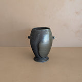 Black and Green Raku Studio Pottery Vase with Miniature Handles