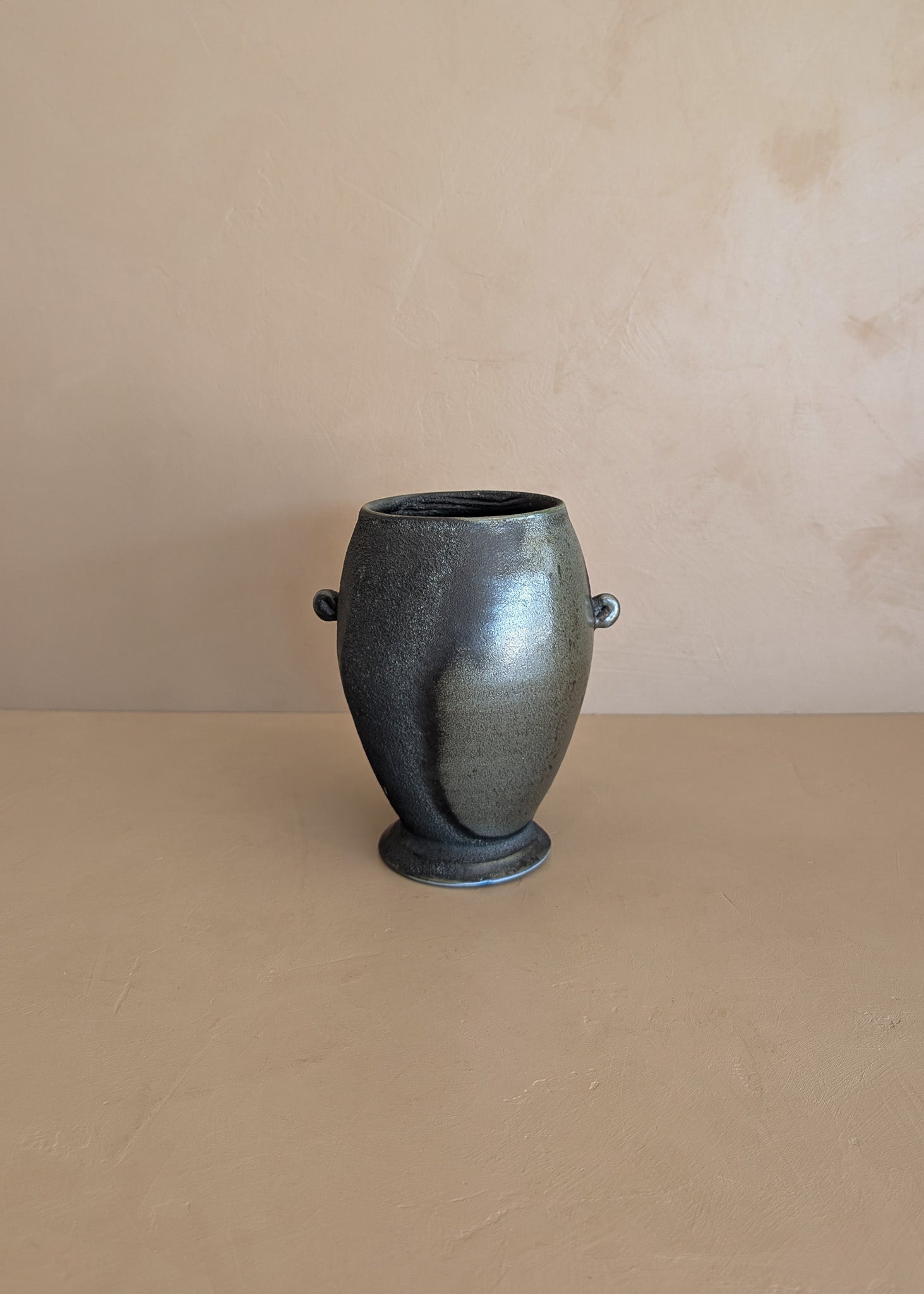 Black and Green Raku Studio Pottery Vase with Miniature Handles