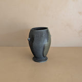 Black and Green Raku Studio Pottery Vase with Miniature Handles