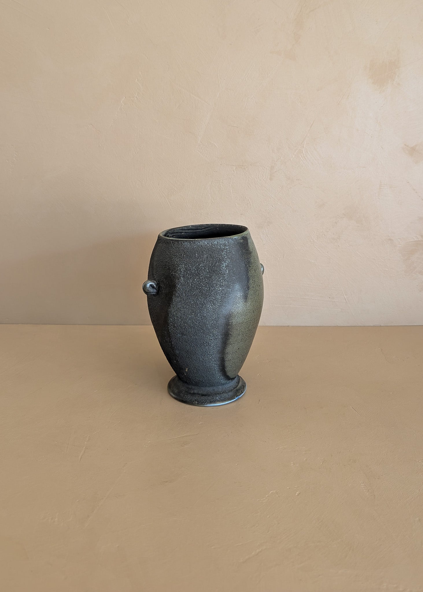 Black and Green Raku Studio Pottery Vase with Miniature Handles