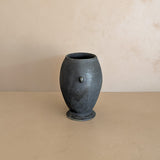 Black and Green Raku Studio Pottery Vase with Miniature Handles