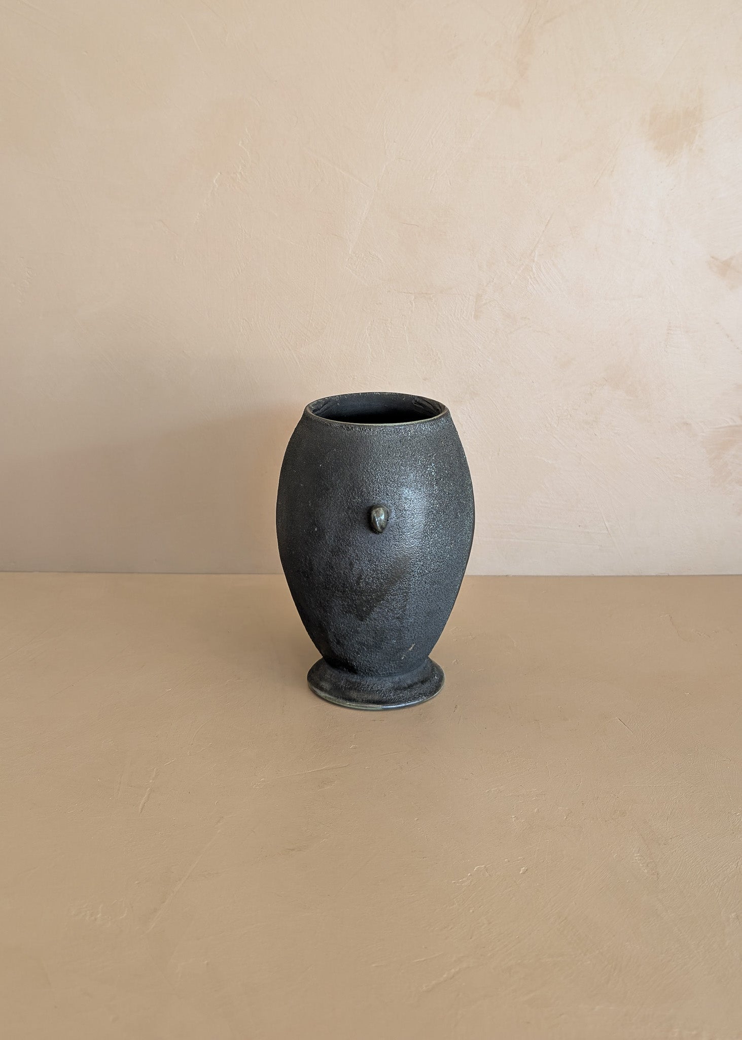Black and Green Raku Studio Pottery Vase with Miniature Handles