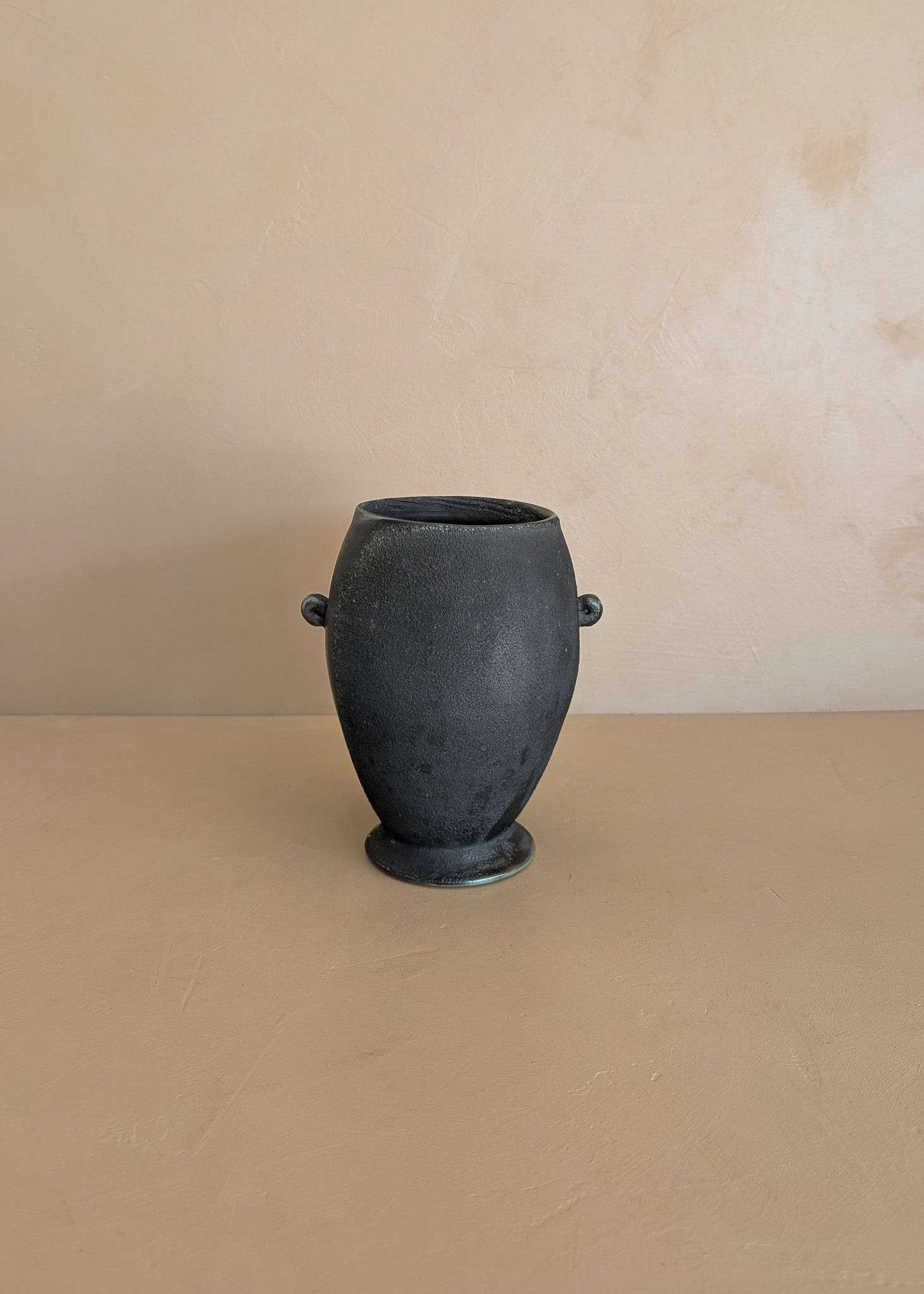 Black and Green Raku Studio Pottery Vase with Miniature Handles