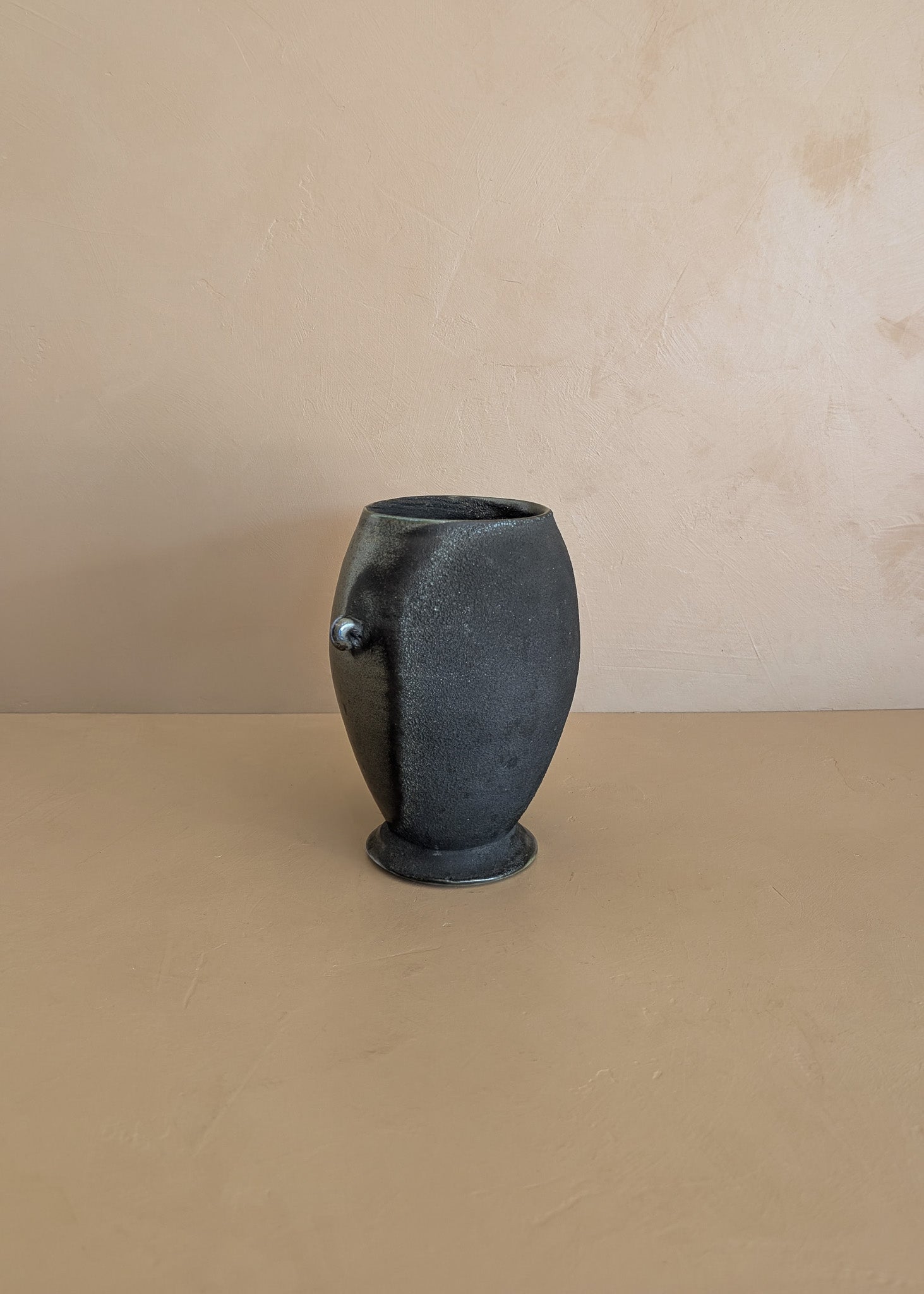 Black and Green Raku Studio Pottery Vase with Miniature Handles