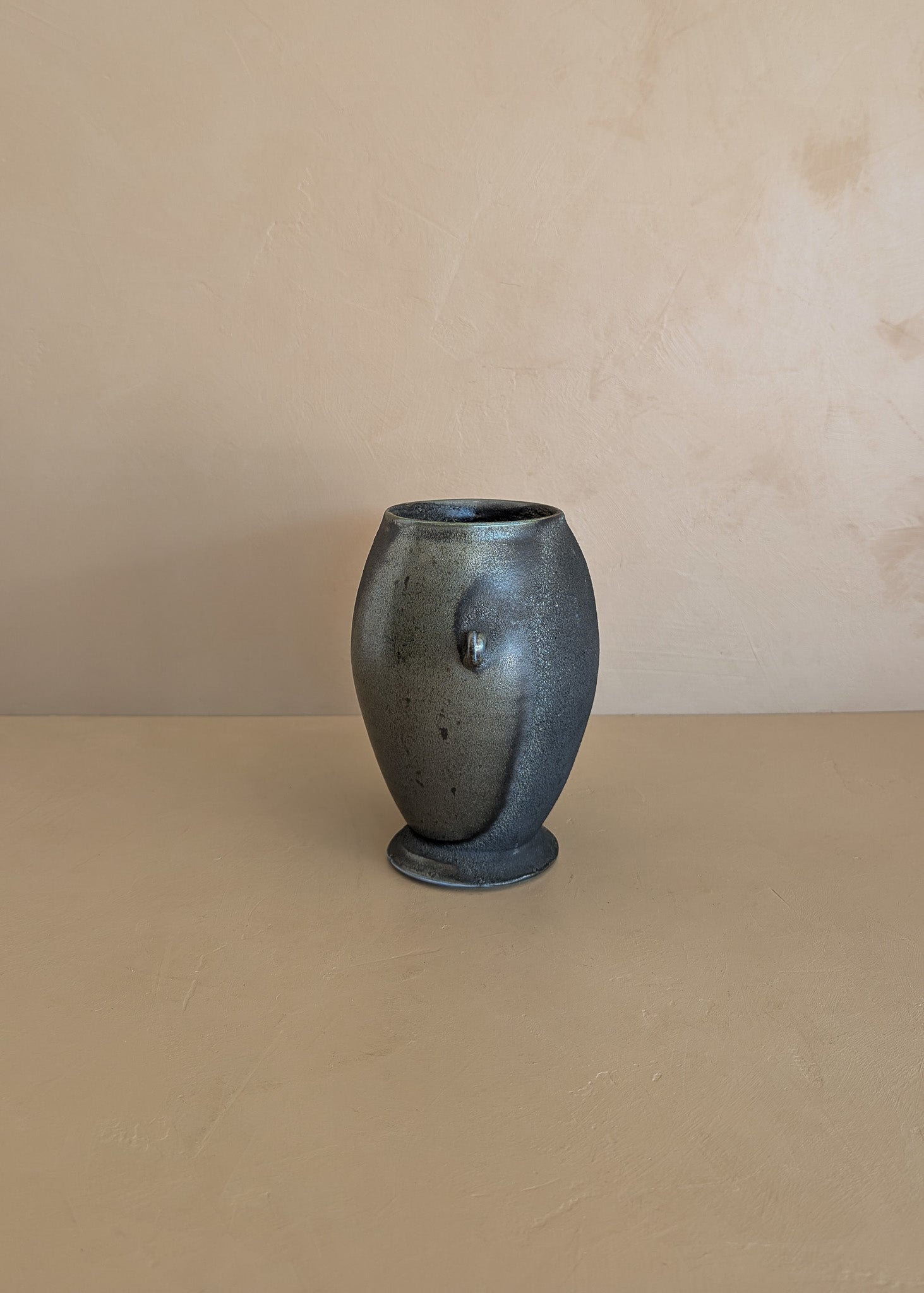 Black and Green Raku Studio Pottery Vase with Miniature Handles
