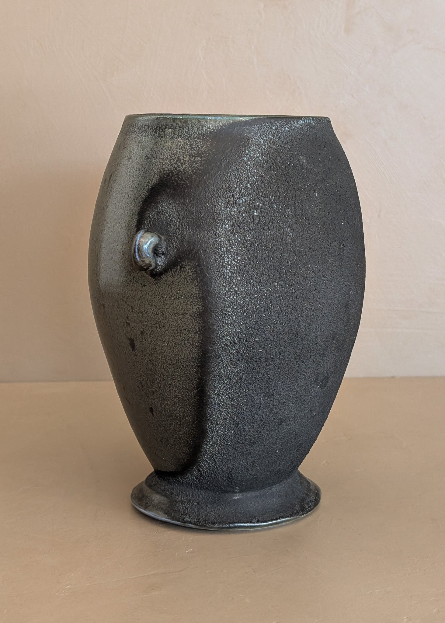 Black and Green Raku Studio Pottery Vase with Miniature Handles
