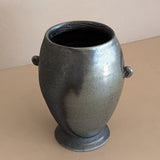 Black and Green Raku Studio Pottery Vase with Miniature Handles