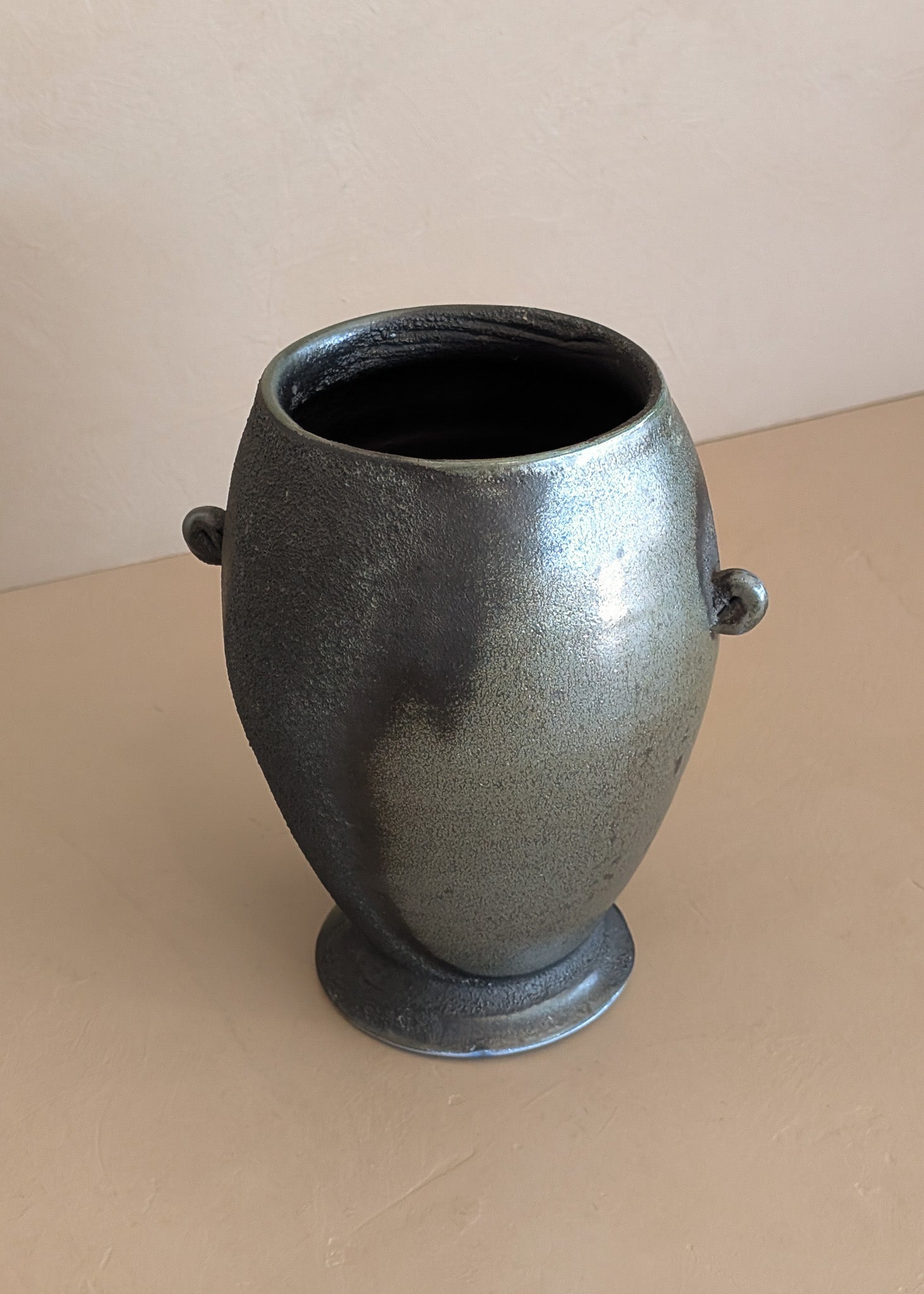 Black and Green Raku Studio Pottery Vase with Miniature Handles