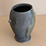 Black and Green Raku Studio Pottery Vase with Miniature Handles