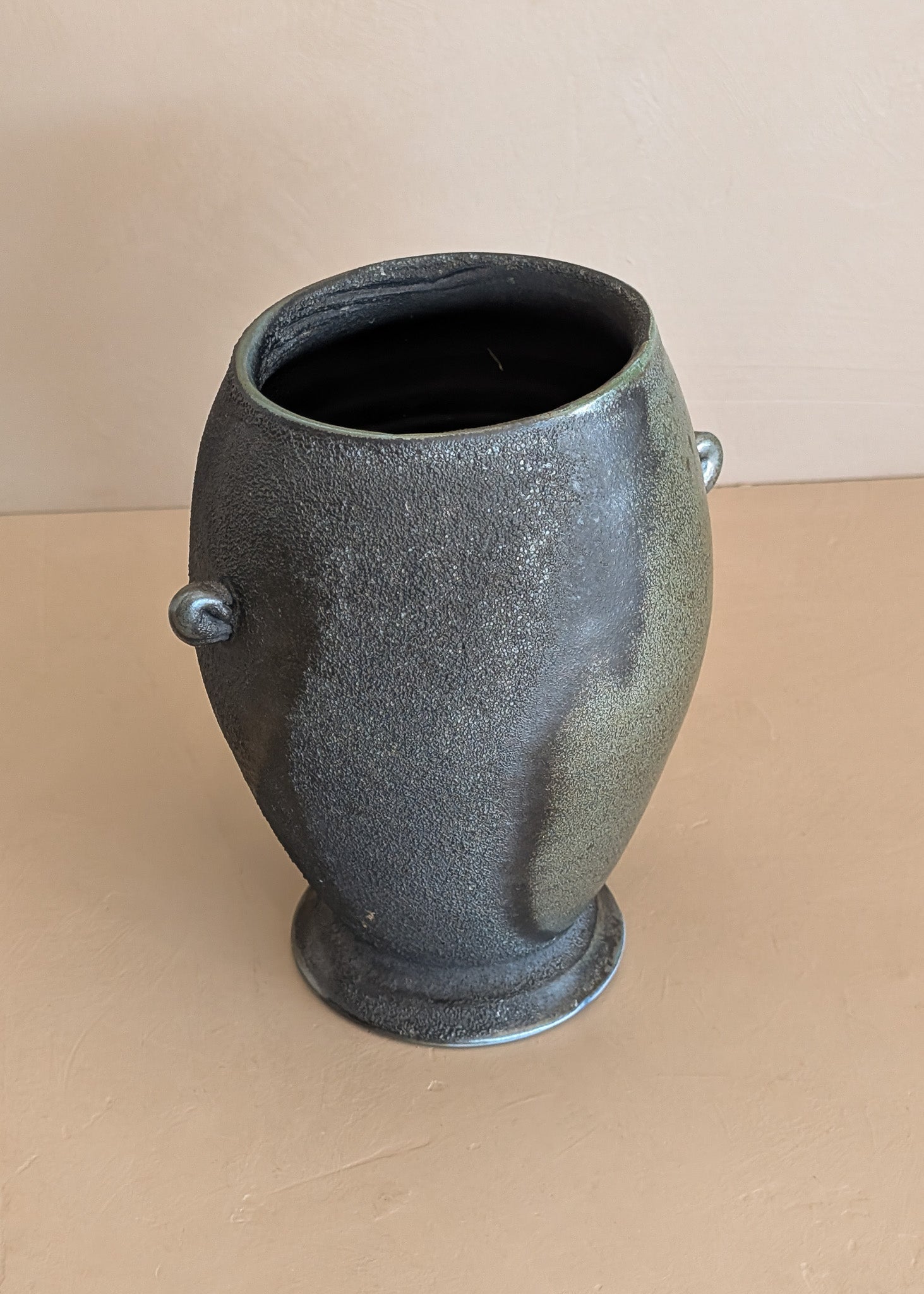 Black and Green Raku Studio Pottery Vase with Miniature Handles