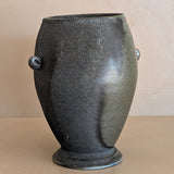 Black and Green Raku Studio Pottery Vase with Miniature Handles