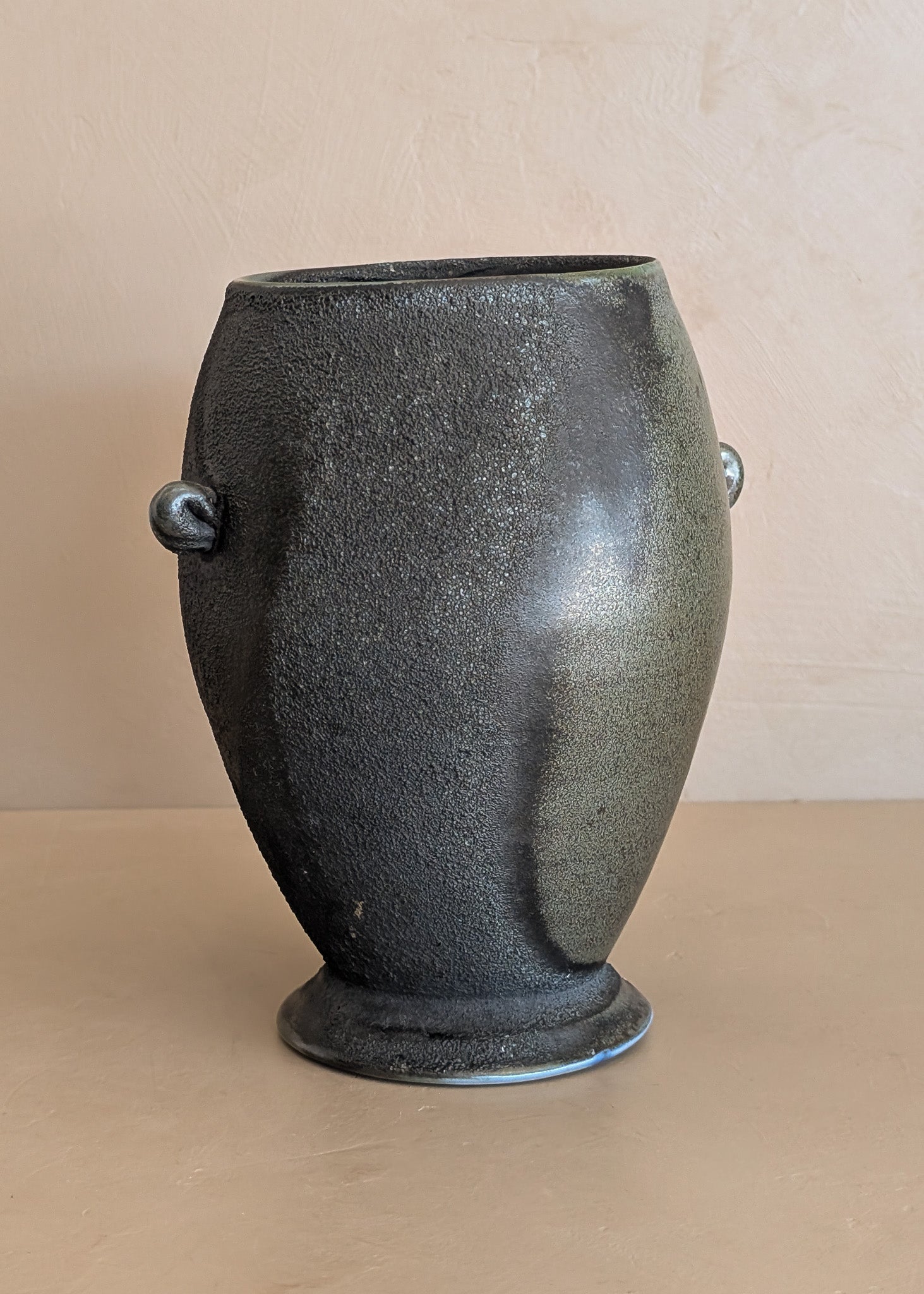 Black and Green Raku Studio Pottery Vase with Miniature Handles