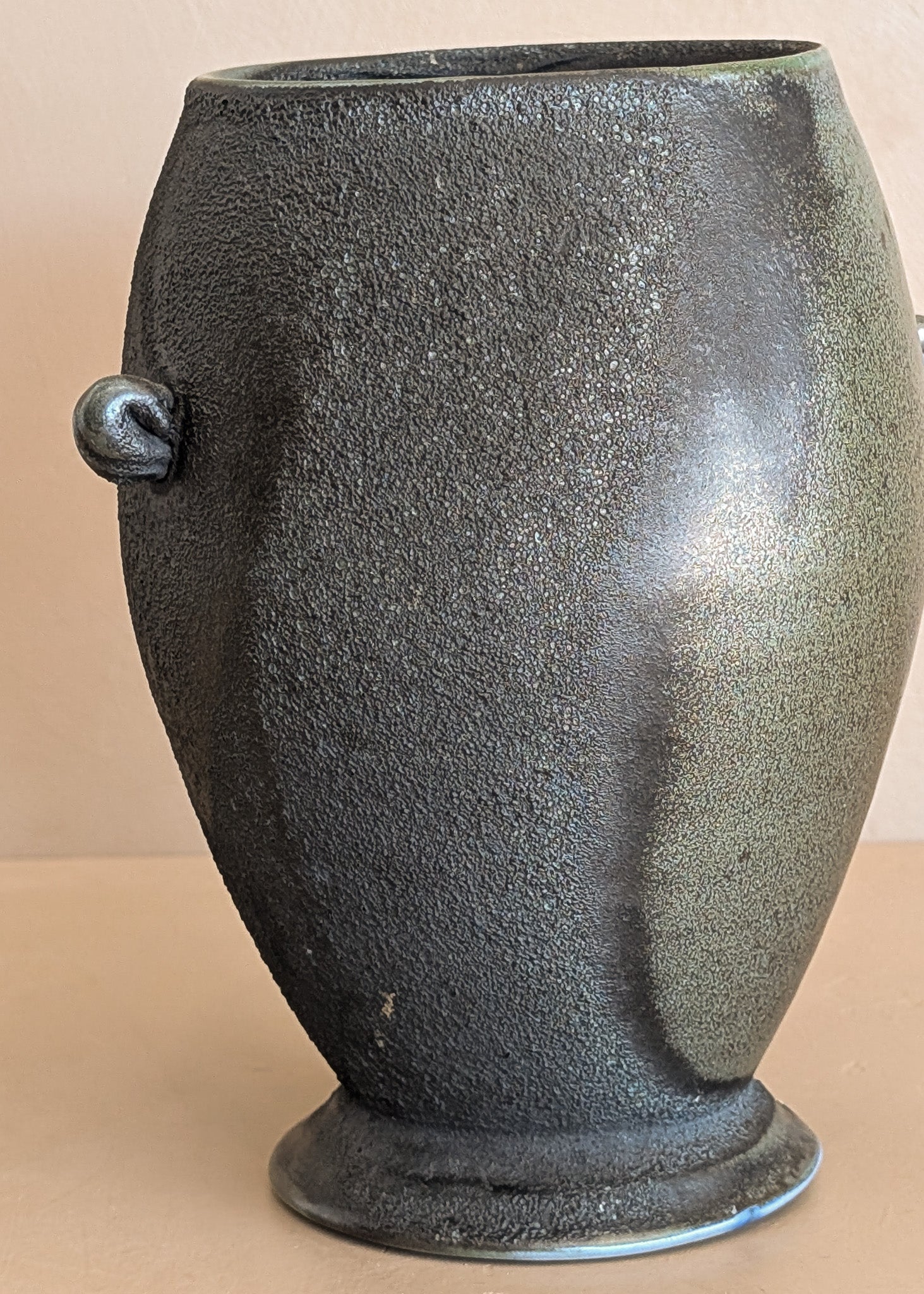 Black and Green Raku Studio Pottery Vase with Miniature Handles