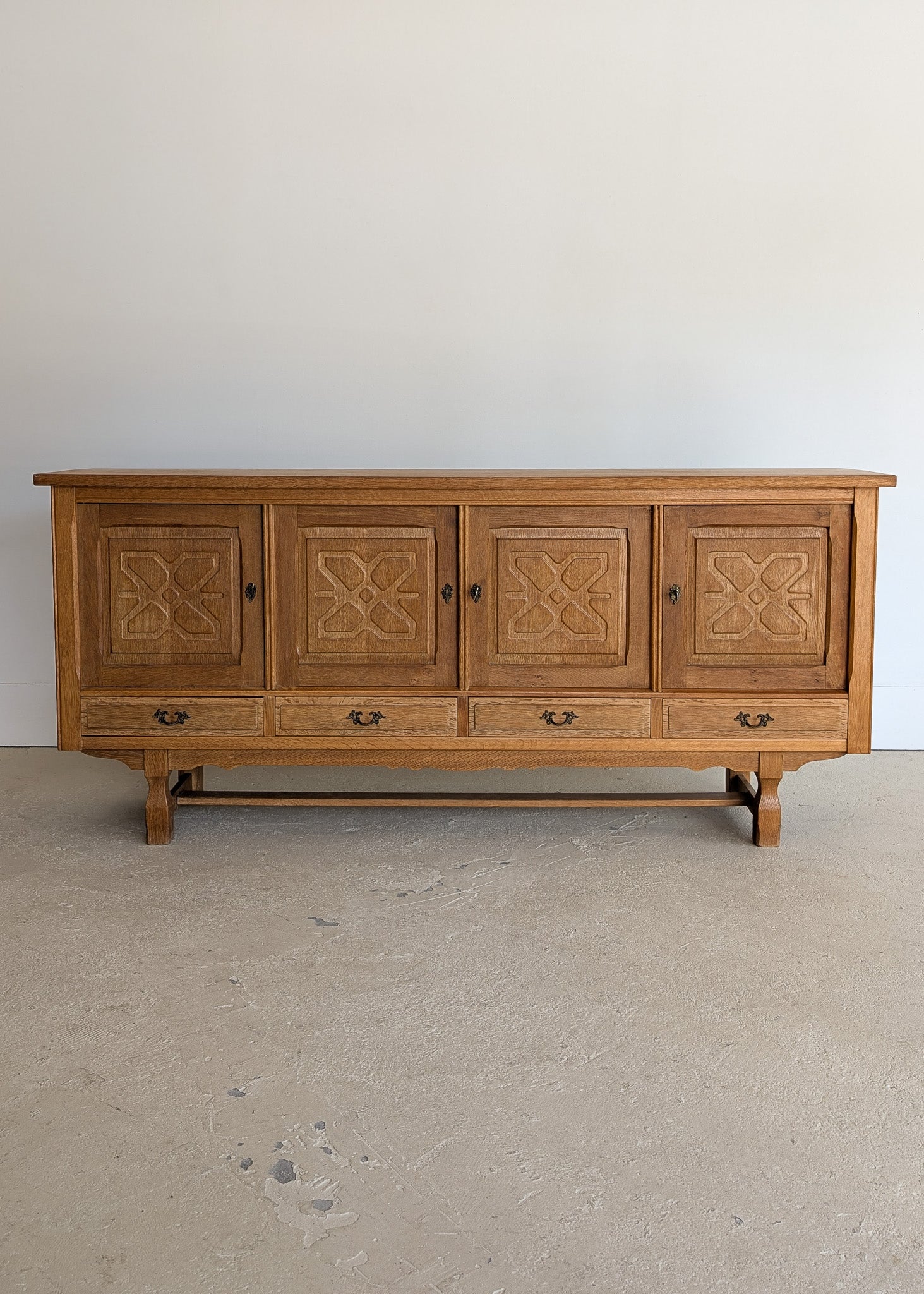 Vintage Danish Henning Kjærnulf-Attributed Quartersawn White Oak Sideboard with Hand-Carved Detailing and Two (2) Keys