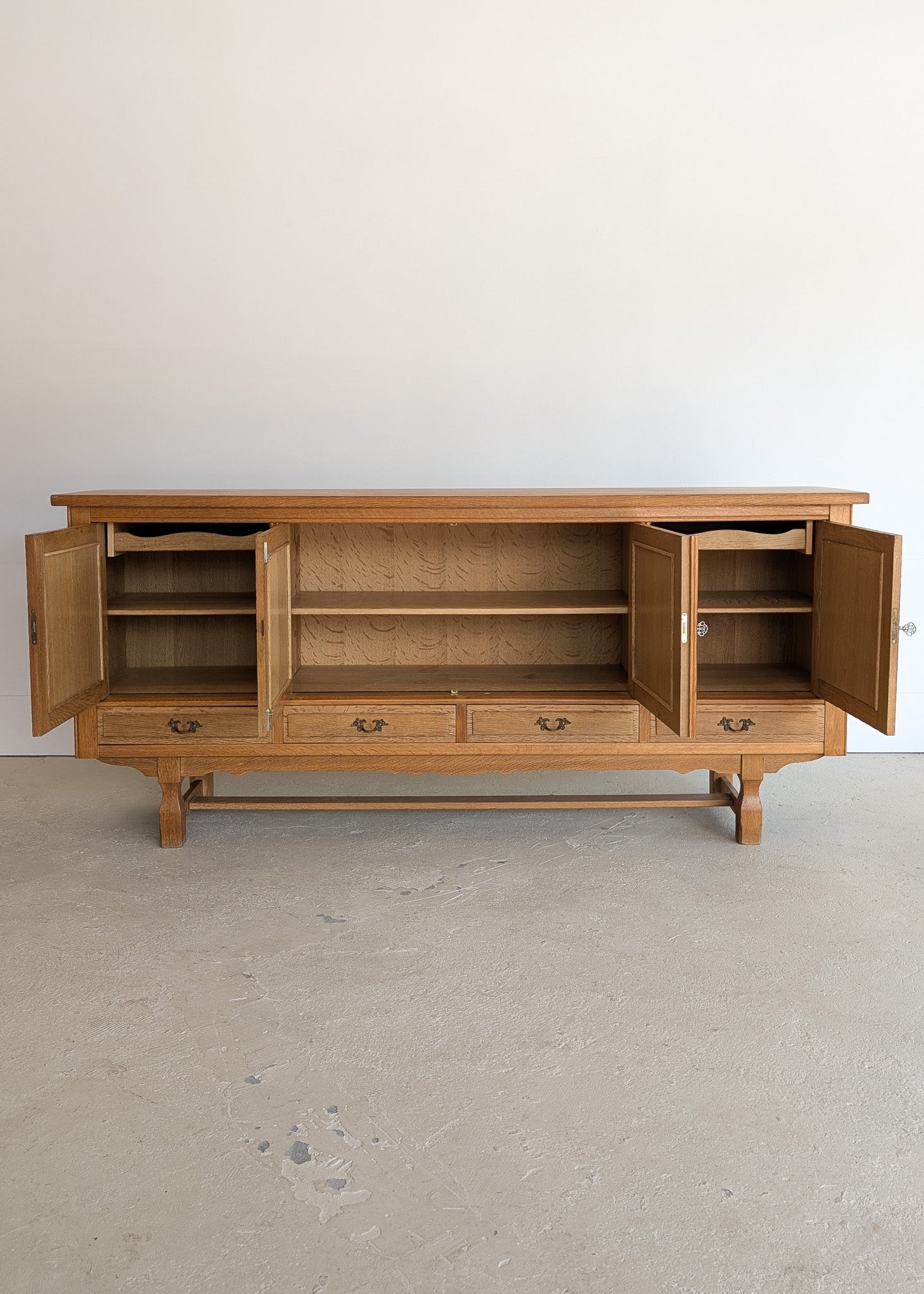 Vintage Danish Henning Kjærnulf-Attributed Quartersawn White Oak Sideboard with Hand-Carved Detailing and Two (2) Keys