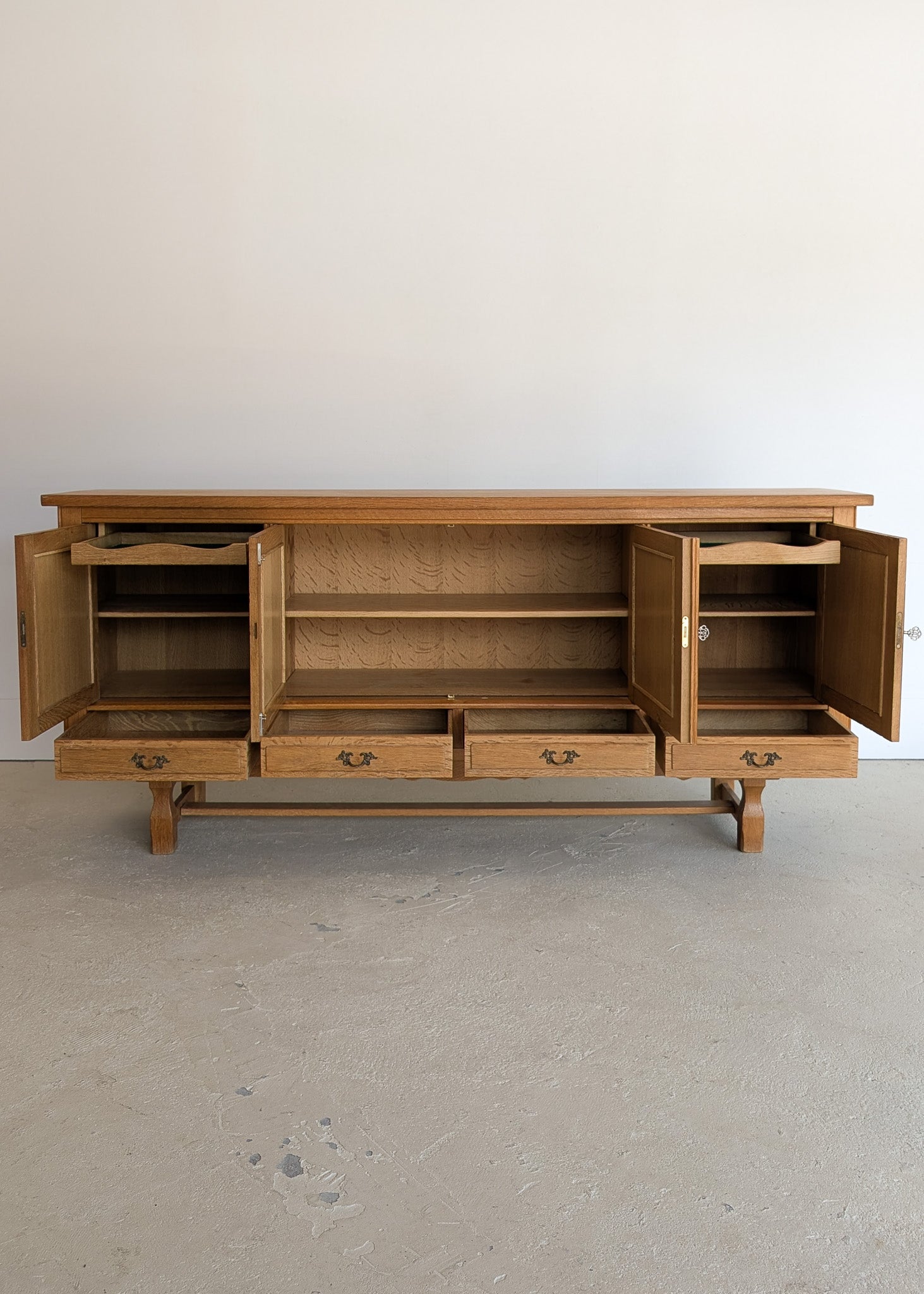 Vintage Danish Henning Kjærnulf-Attributed Quartersawn White Oak Sideboard with Hand-Carved Detailing and Two (2) Keys