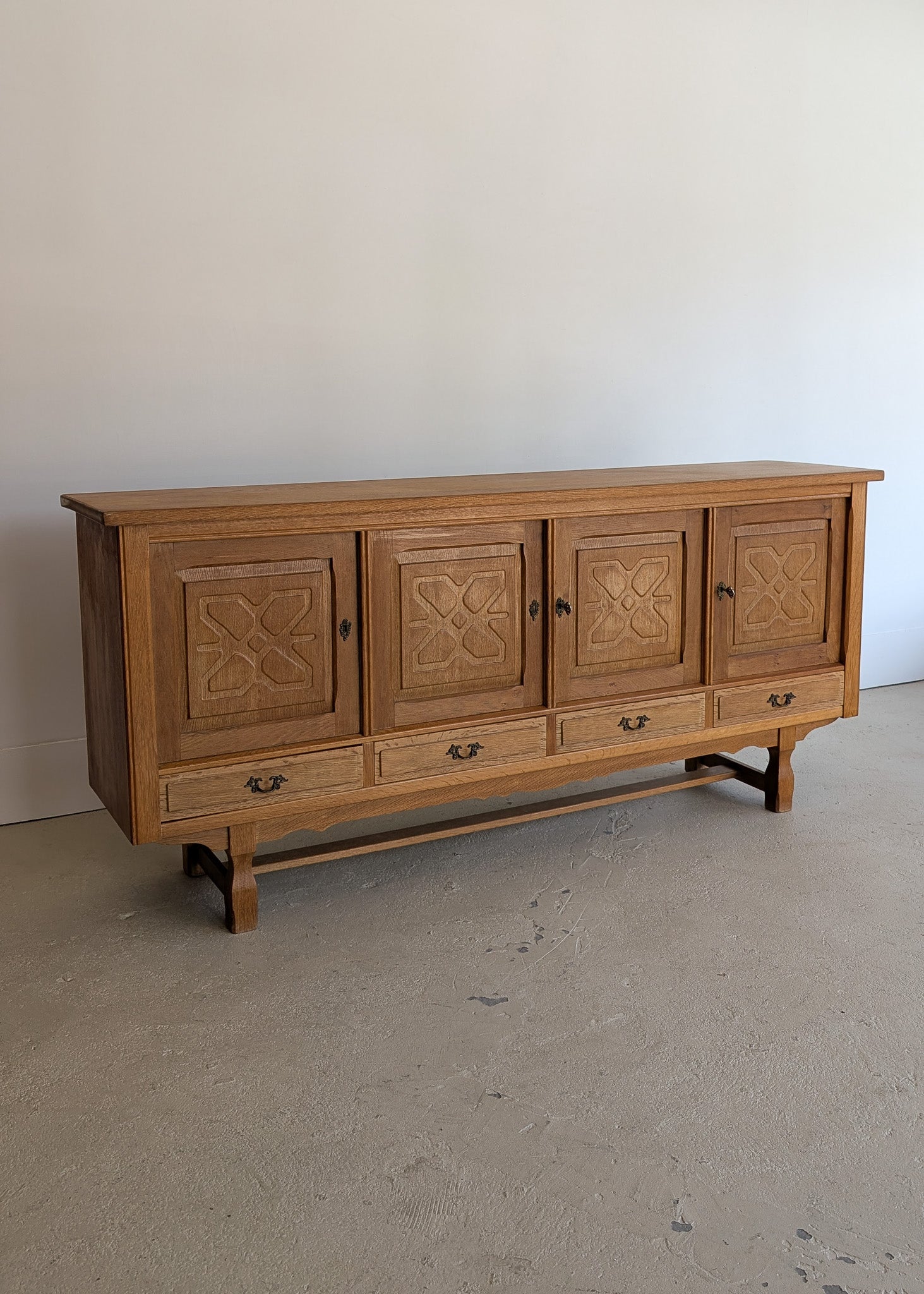 Vintage Danish Henning Kjærnulf-Attributed Quartersawn White Oak Sideboard with Hand-Carved Detailing and Two (2) Keys