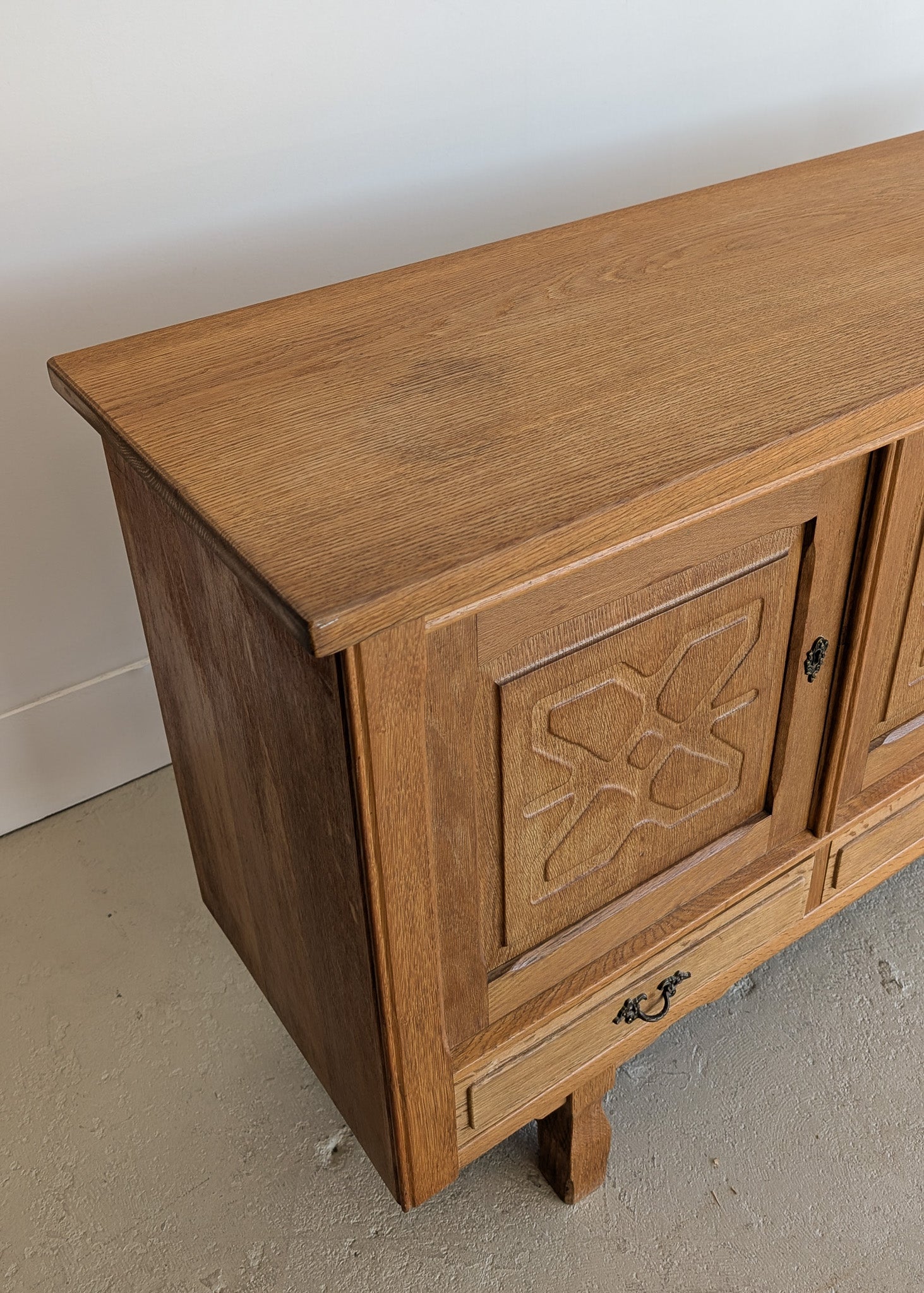 Vintage Danish Henning Kjærnulf-Attributed Quartersawn White Oak Sideboard with Hand-Carved Detailing and Two (2) Keys