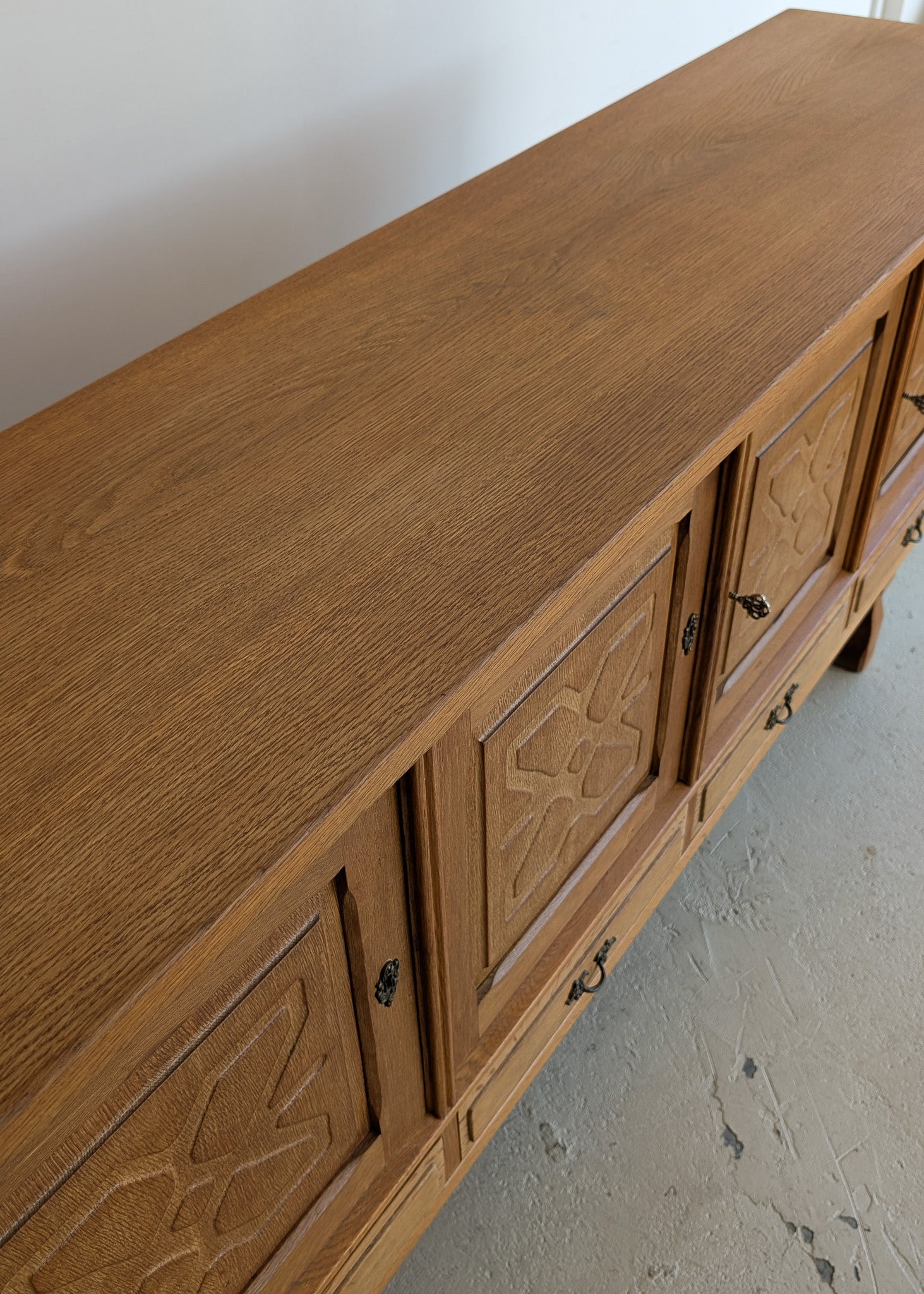 Vintage Danish Henning Kjærnulf-Attributed Quartersawn White Oak Sideboard with Hand-Carved Detailing and Two (2) Keys