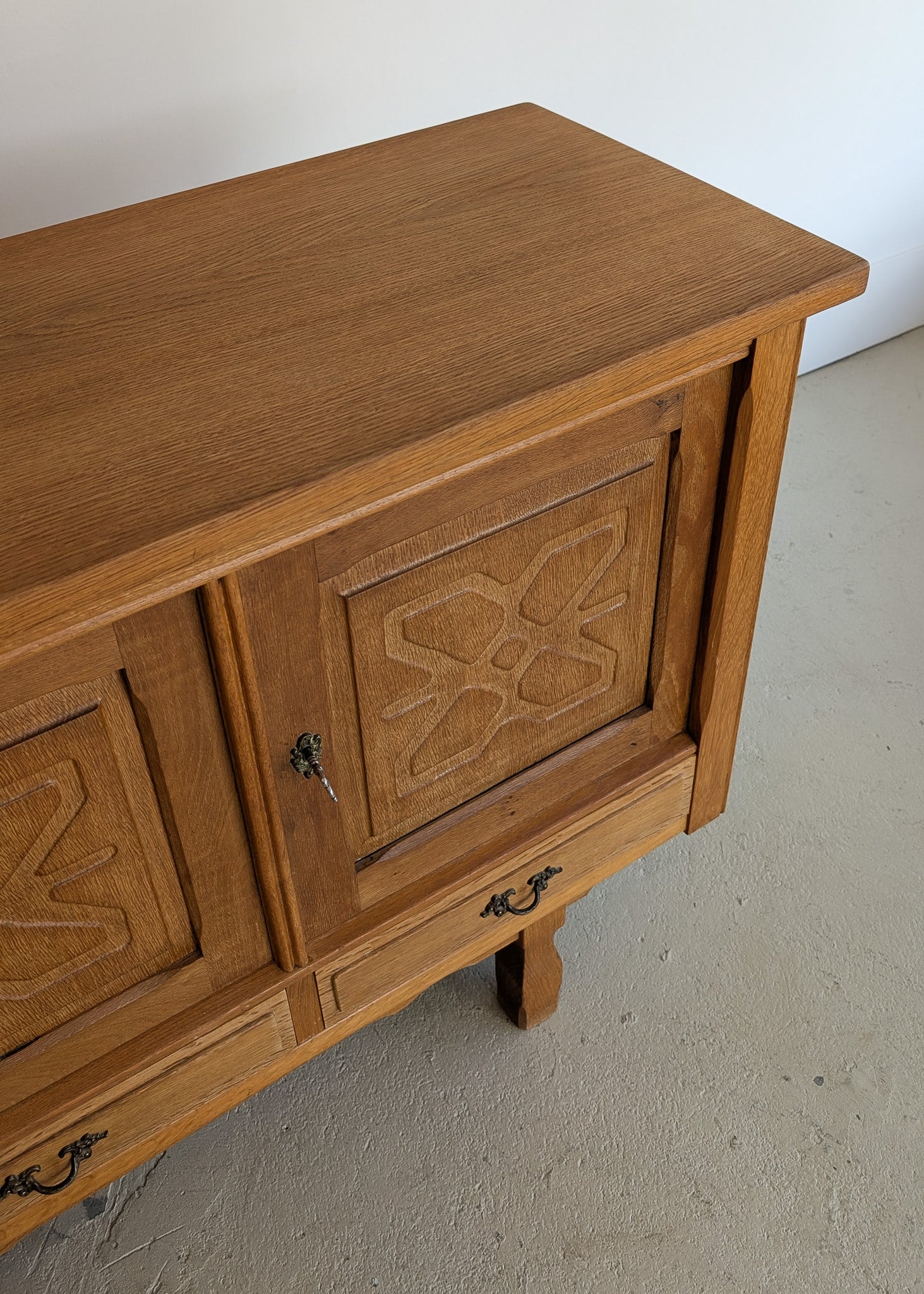 Vintage Danish Henning Kjærnulf-Attributed Quartersawn White Oak Sideboard with Hand-Carved Detailing and Two (2) Keys