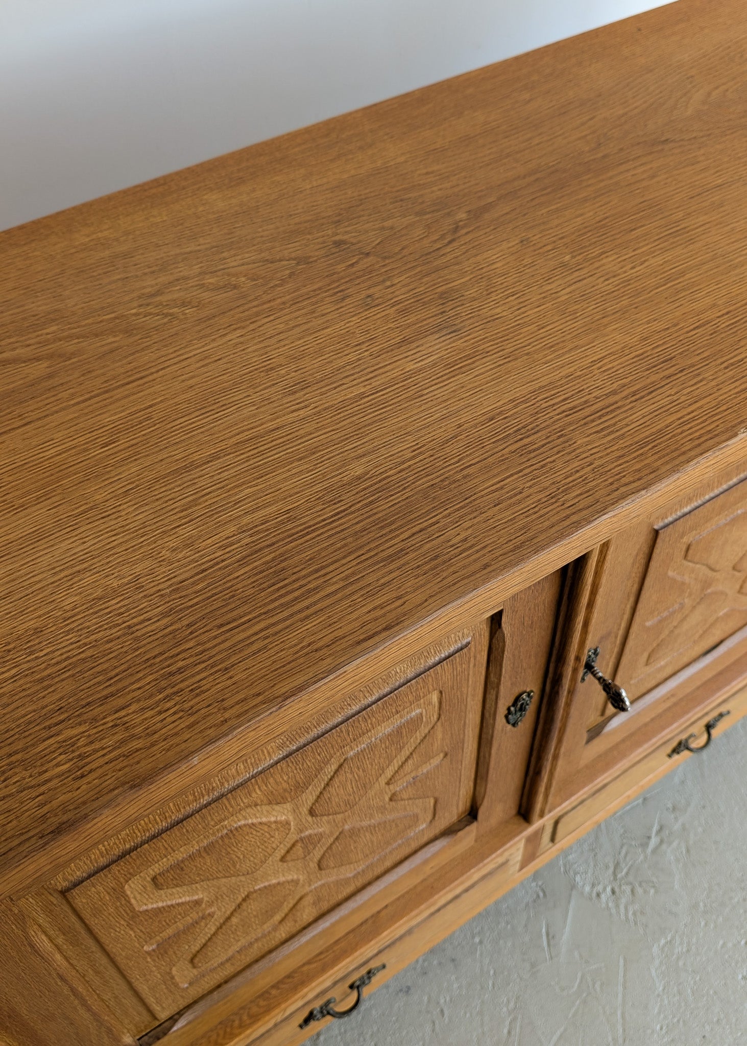Vintage Danish Henning Kjærnulf-Attributed Quartersawn White Oak Sideboard with Hand-Carved Detailing and Two (2) Keys