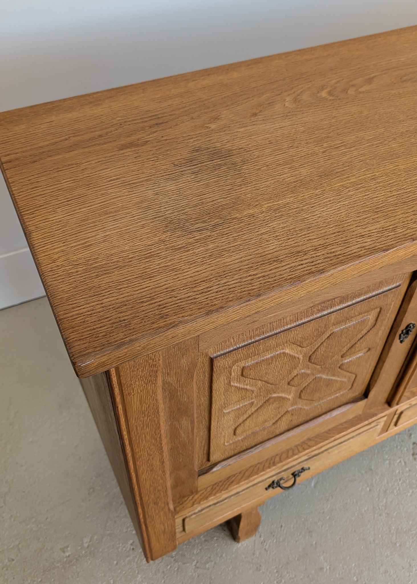 Vintage Danish Henning Kjærnulf-Attributed Quartersawn White Oak Sideboard with Hand-Carved Detailing and Two (2) Keys